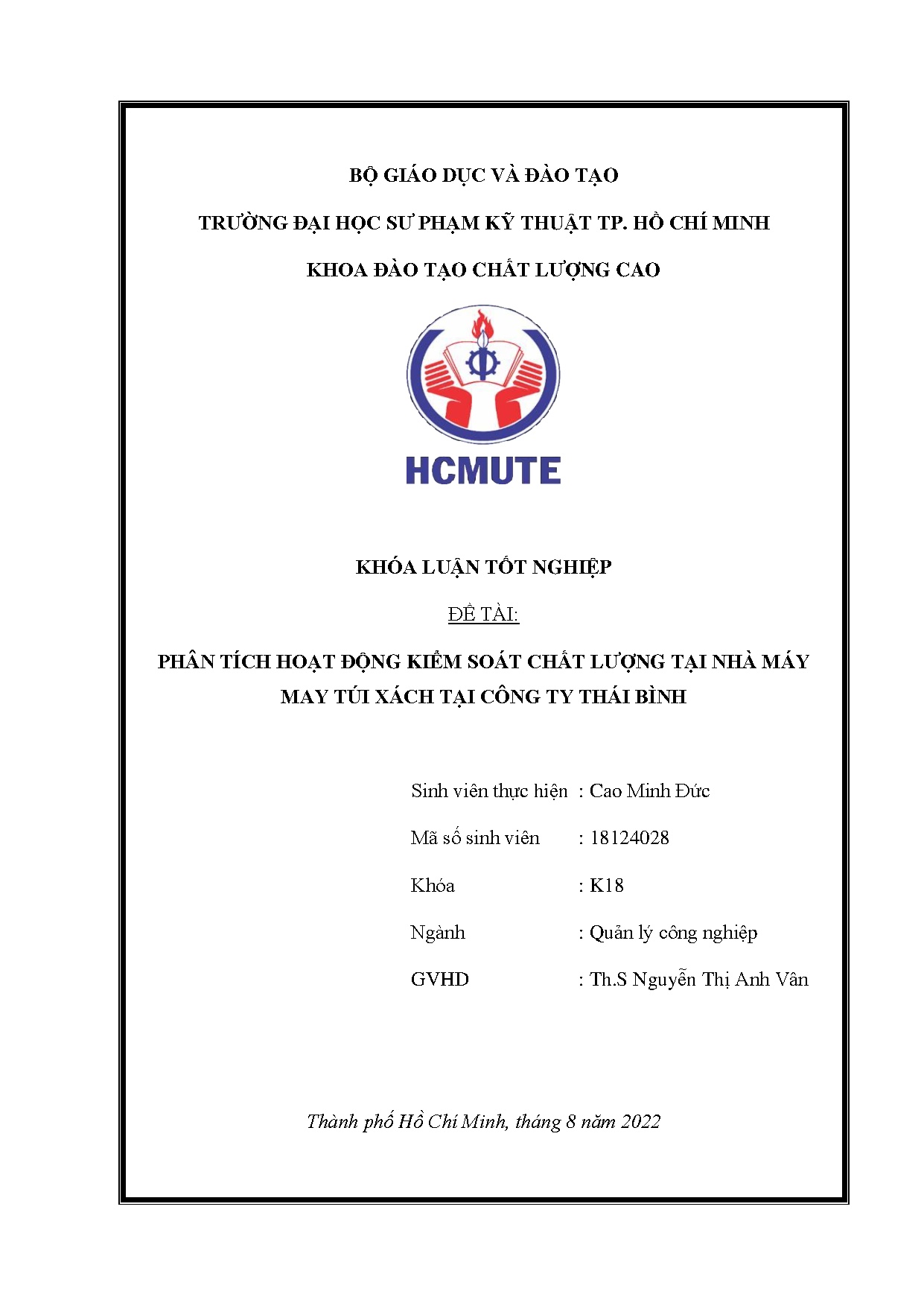 Đồ án tốt nghiệp - Phân tích hoạt động kiểm soát chất lượng tại Nhà máy may túi xách tại Công ty TB