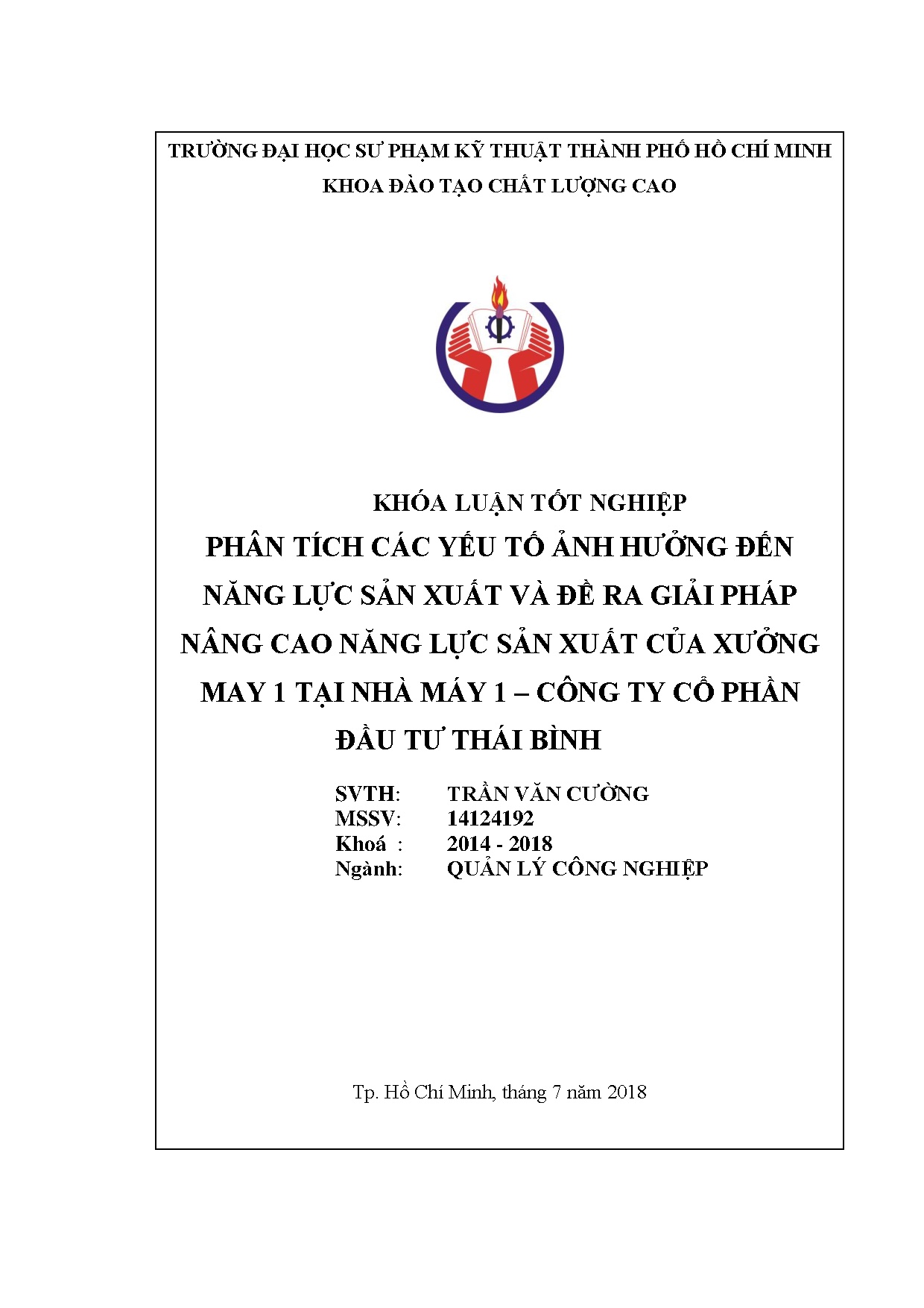 Đồ án tốt nghiệp - Phân tích các yếu tố ảnh hưởng đến năng lực SXVĐRGPNCNLSXCXM 1 TNM 1 - CTCPĐTTB