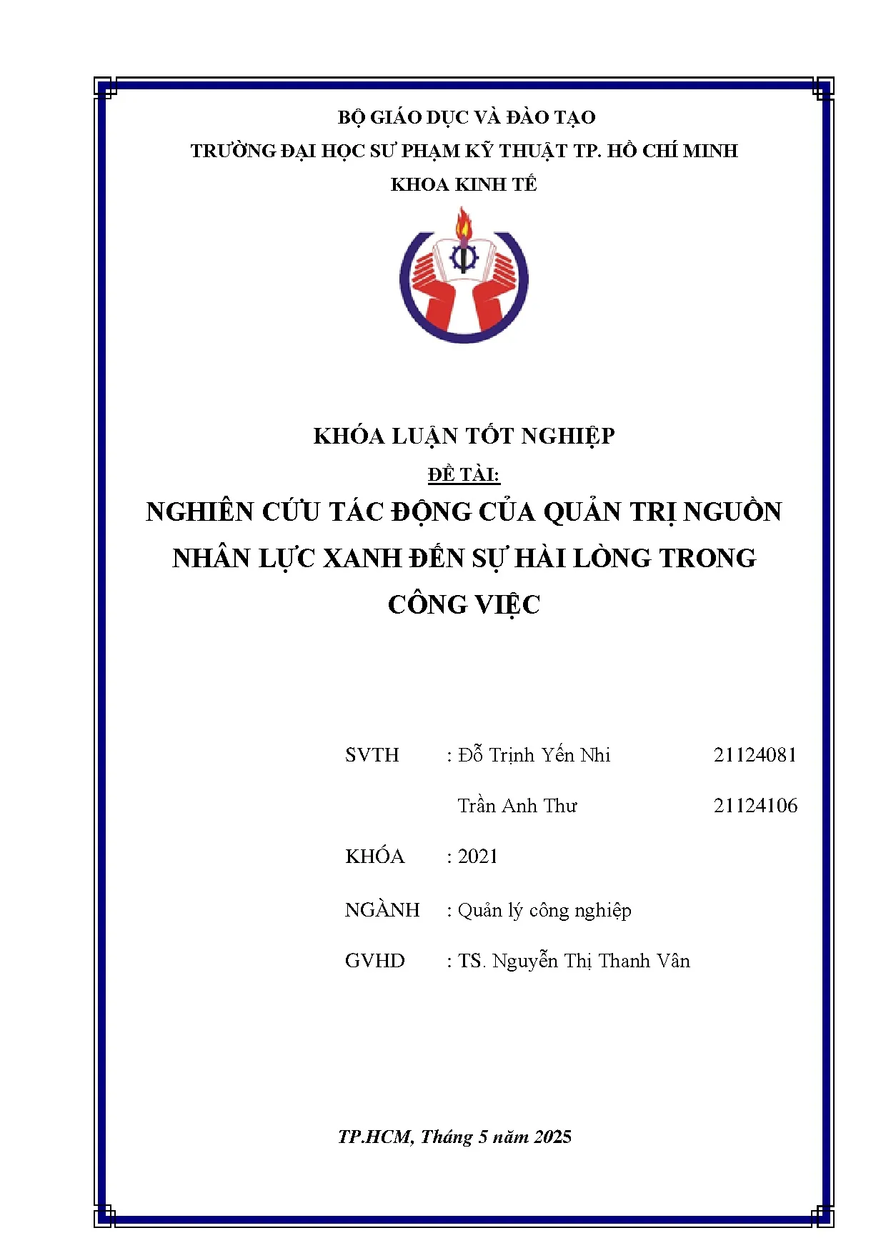 Đồ án tốt nghiệp - Nghiên cứu tác động của Quản trị nguồn nhân lực xanh đến sự hài lòng trong công V
