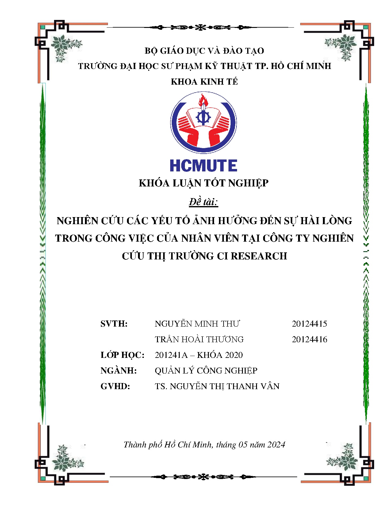 Đồ án tốt nghiệp - Nghiên cứu các yếu tố ảnh hưởng đến sự hài lòng trong công việc của NVTCTNCTTCR