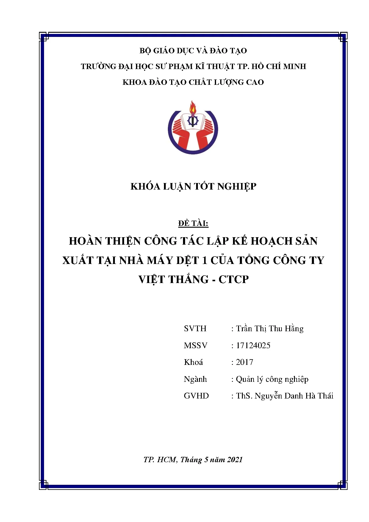 Đồ án tốt nghiệp - Hoàn thiện công tác lập kế hoạch sản xuất tại Nhà máy Dệt 1 của Tổng công TVT - C