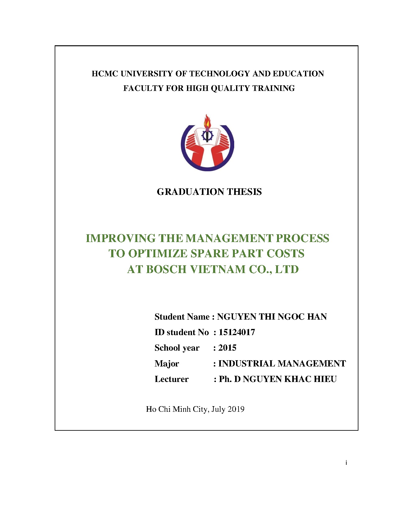 Đồ án tốt nghiệp - Improving the management process to optimize spare part costs at Bosch VietNam C