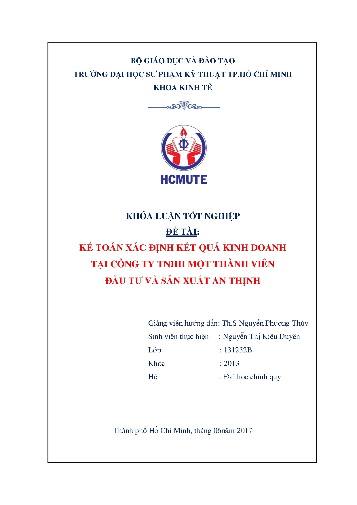 Đồ án tốt nghiệp - Kế toán xác định kết quả kinh doanh tại Công ty TNHH Một thành viên Đầu tư VSXAT