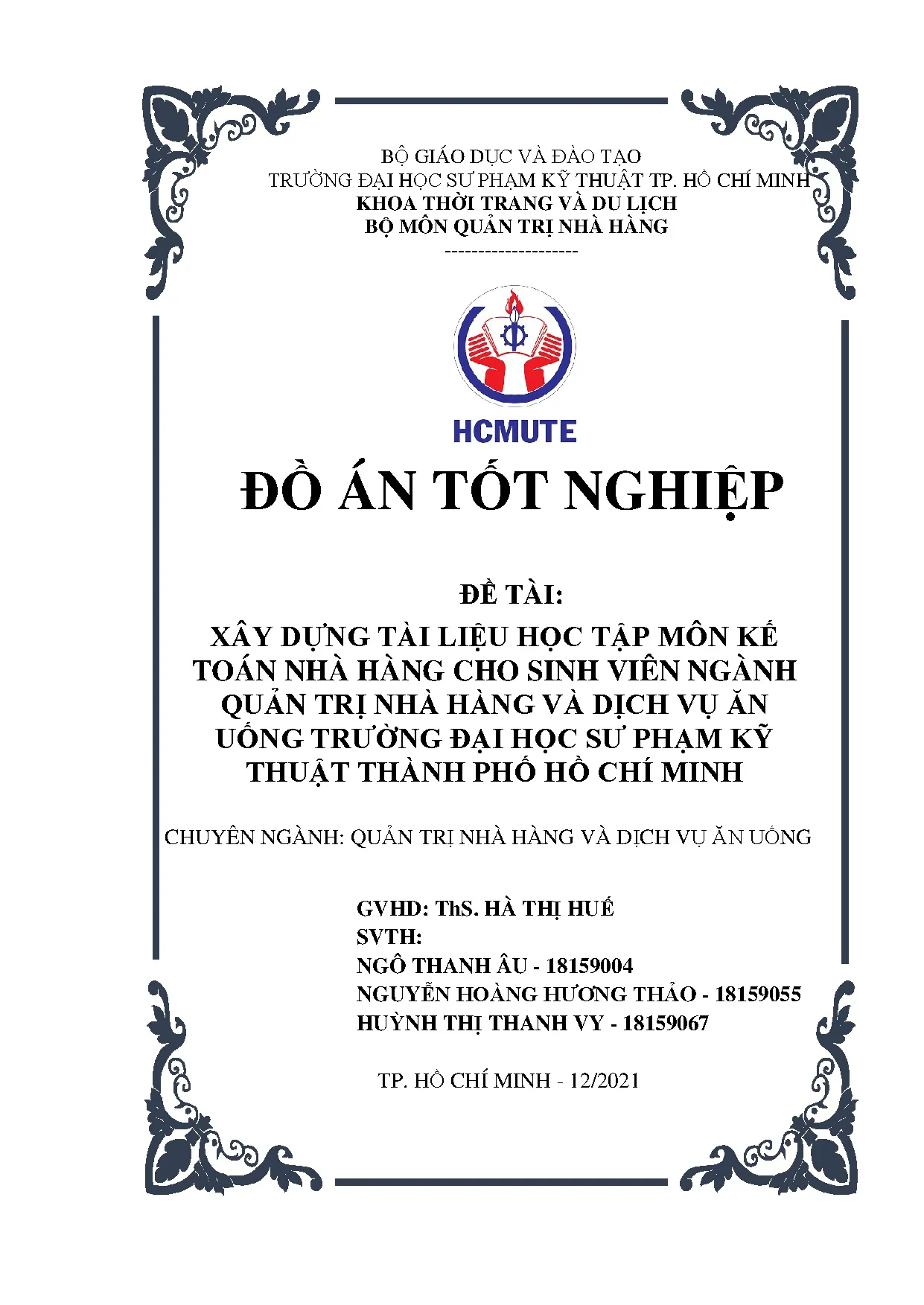 Đồ án tốt nghiệp - Xây dựng tài liệu học tập môn kế toán nhà hàng cho sinh VNQTNHVDVĂUTĐHSPKTTPHCM