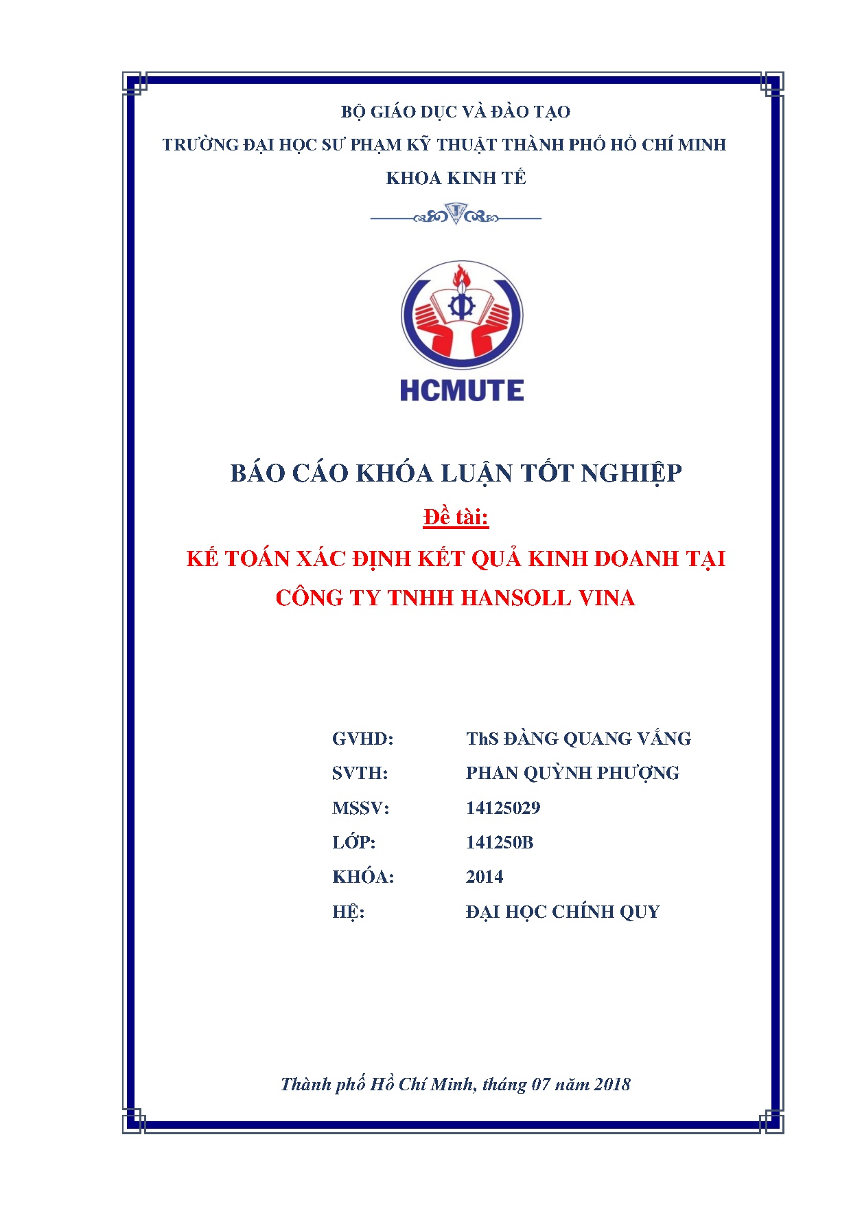 Đồ án tốt nghiệp - Kế toán xác định kết quả kinh doanh tại công ty TNHH Hansoll Vina