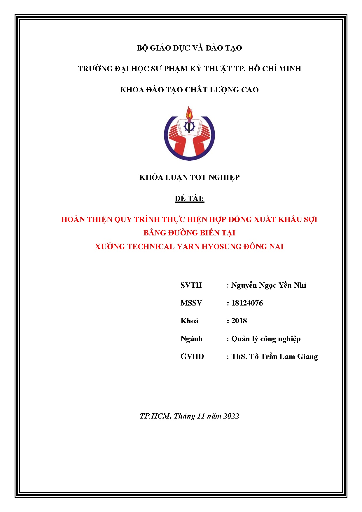 Đồ án tốt nghiệp - Hoàn thiện quy trình thực hiện hợp đồng xuất khẩu sợi bằng đường biển tại XTYHĐN