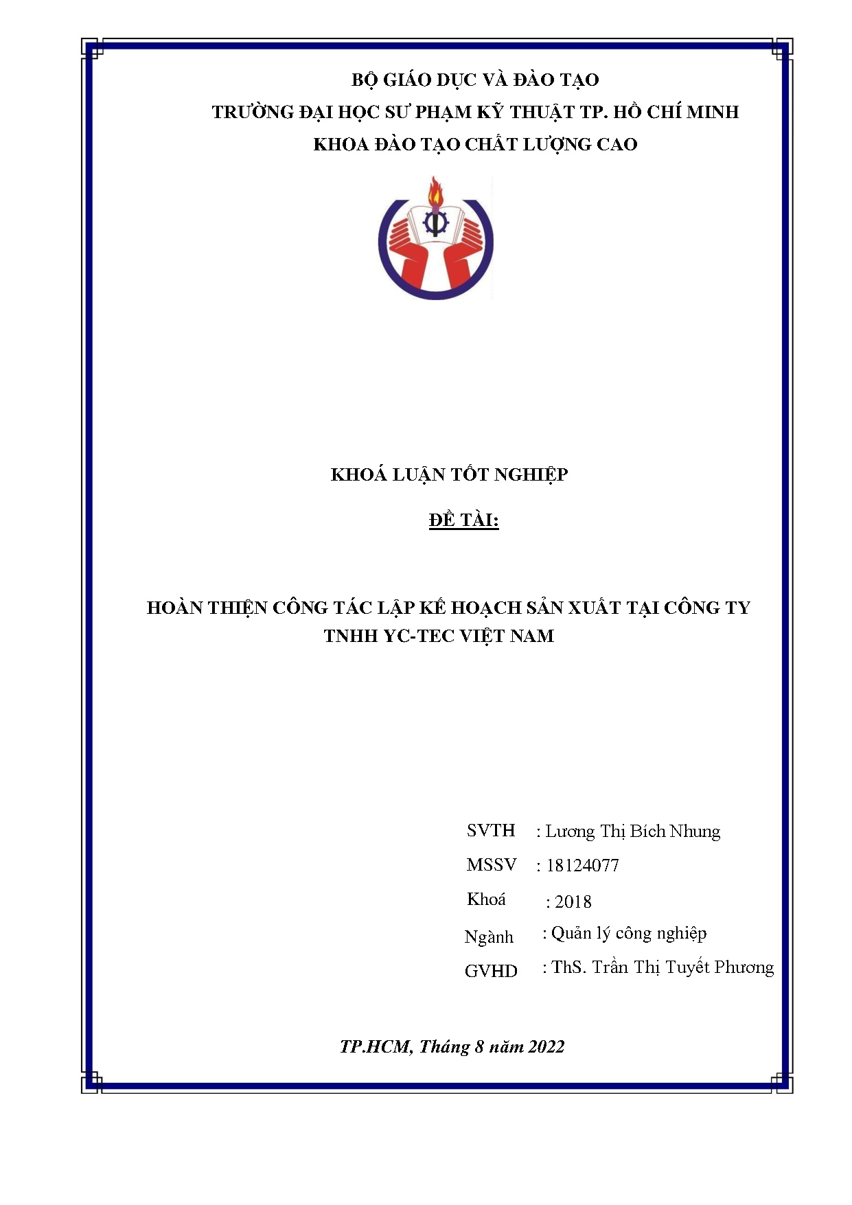 Đồ án tốt nghiệp - Hoàn thiện công tác lập kế hoạch sản xuất tại Công ty TNHH YC - TEC Việt Nam