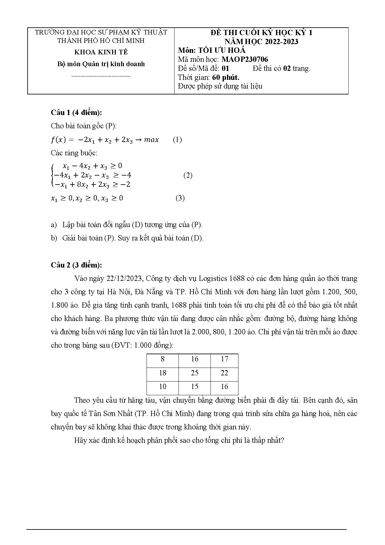 Đề thi cuối kỳ tối ưu hóa 2022 - 2023 kèm đáp án