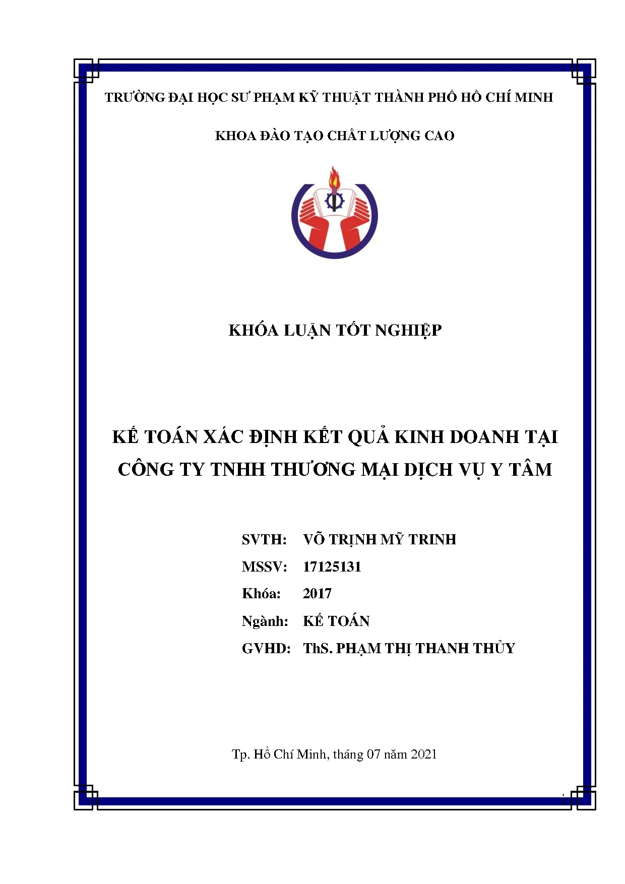 Đồ án tốt nghiệp - Kế toán xác định kết quả kinh doanh tại Công ty TNHH Thương mại Dịch vụ Y Tâm