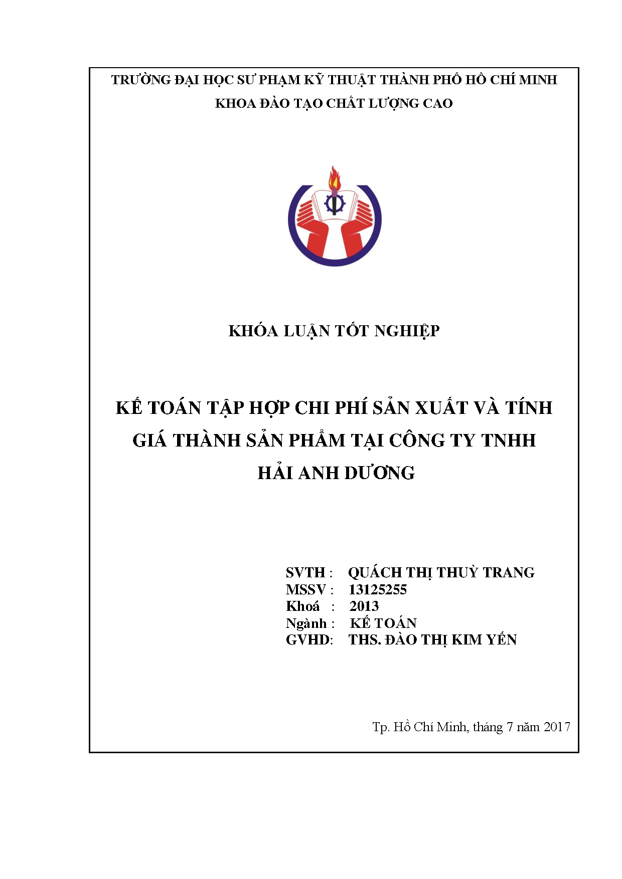 Đồ án tốt nghiệp - Kế toán tập hợp chi phí sản xuất và tính giá thành sản phẩm tại Công ty TNHH HAD