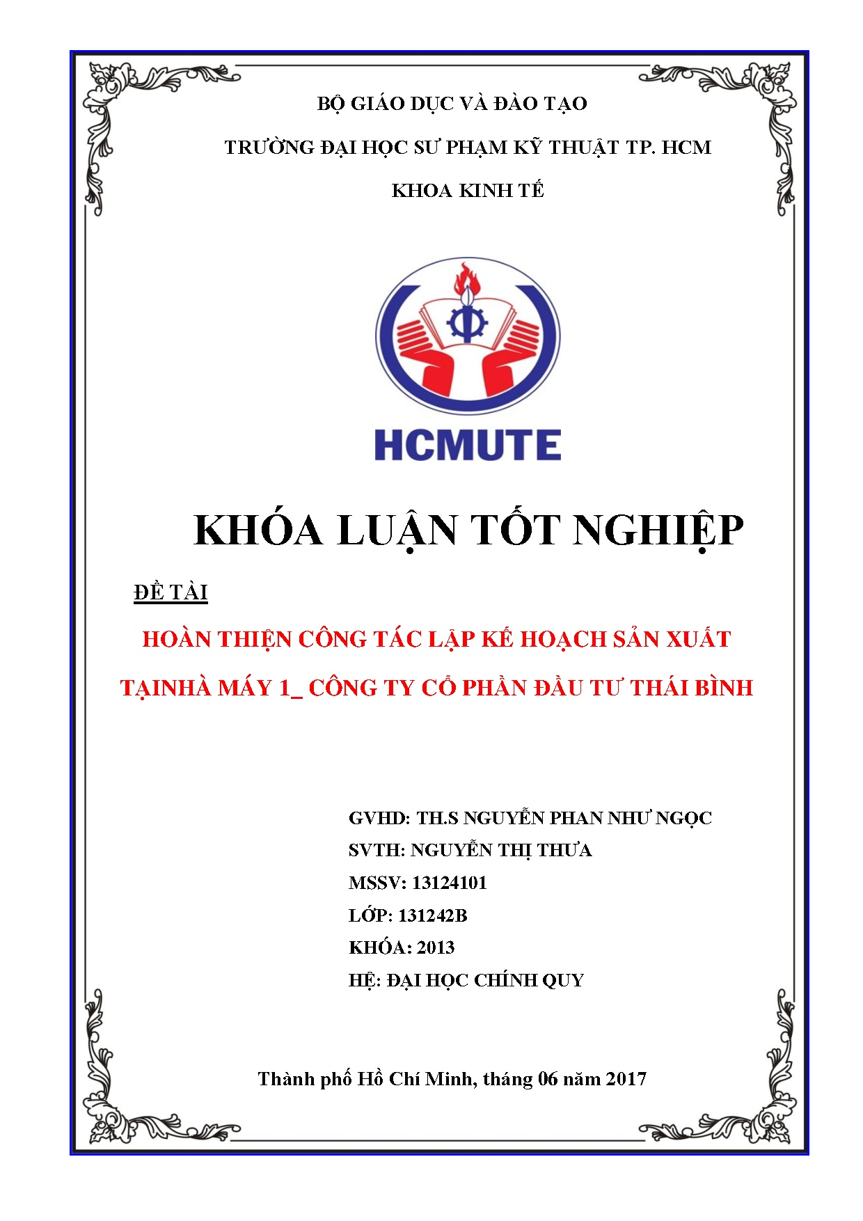 Đồ án tốt nghiệp - Hoàn thiện công tác lập kế hoạch sản xuất tại Nhà máy 1 - Công ty Cổ phần ĐTTBĐ