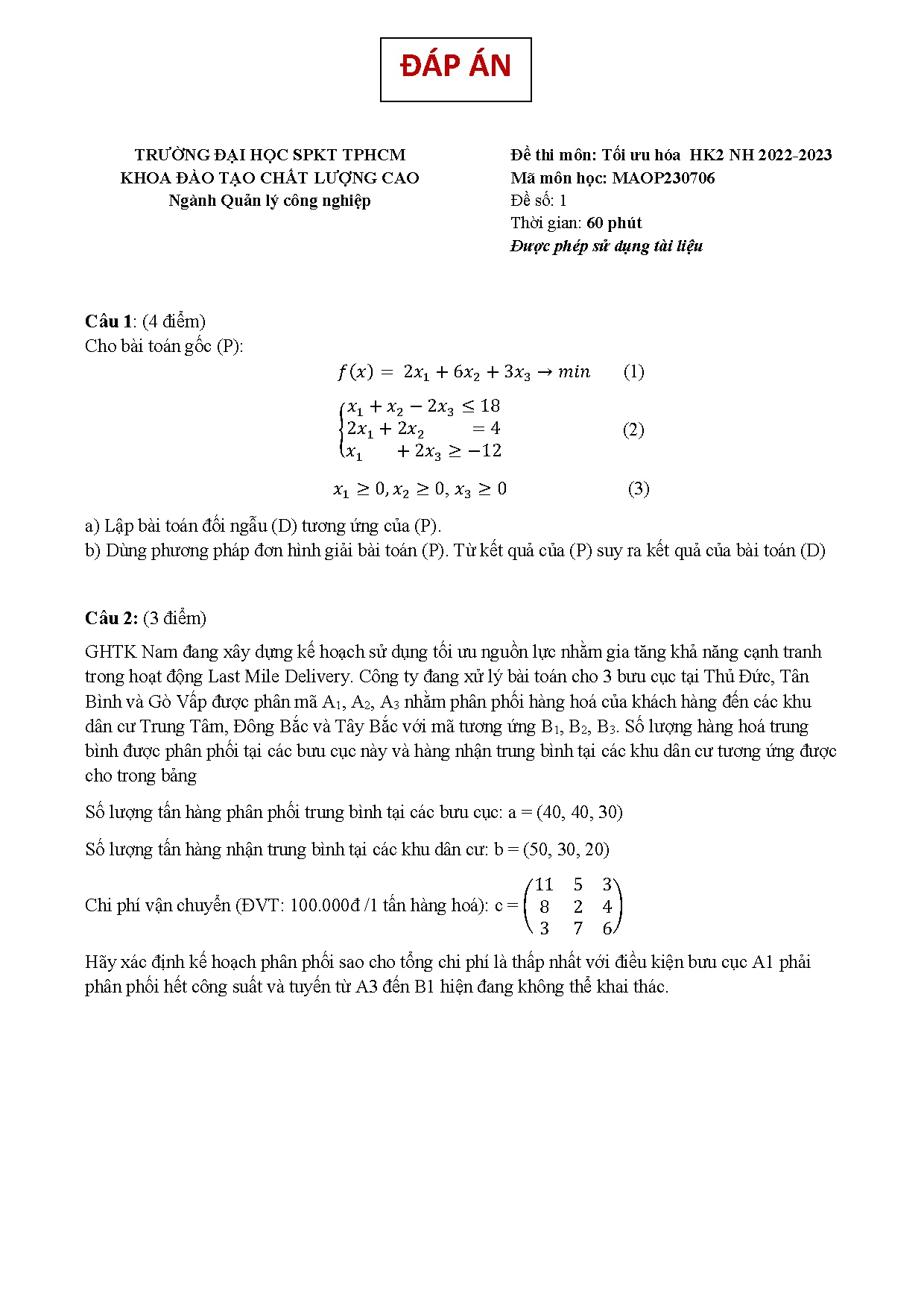 Đề thi cuối kỳ tối ưu hóa 2022 - 2023 kèm đáp án - ĐẠI TRÀ