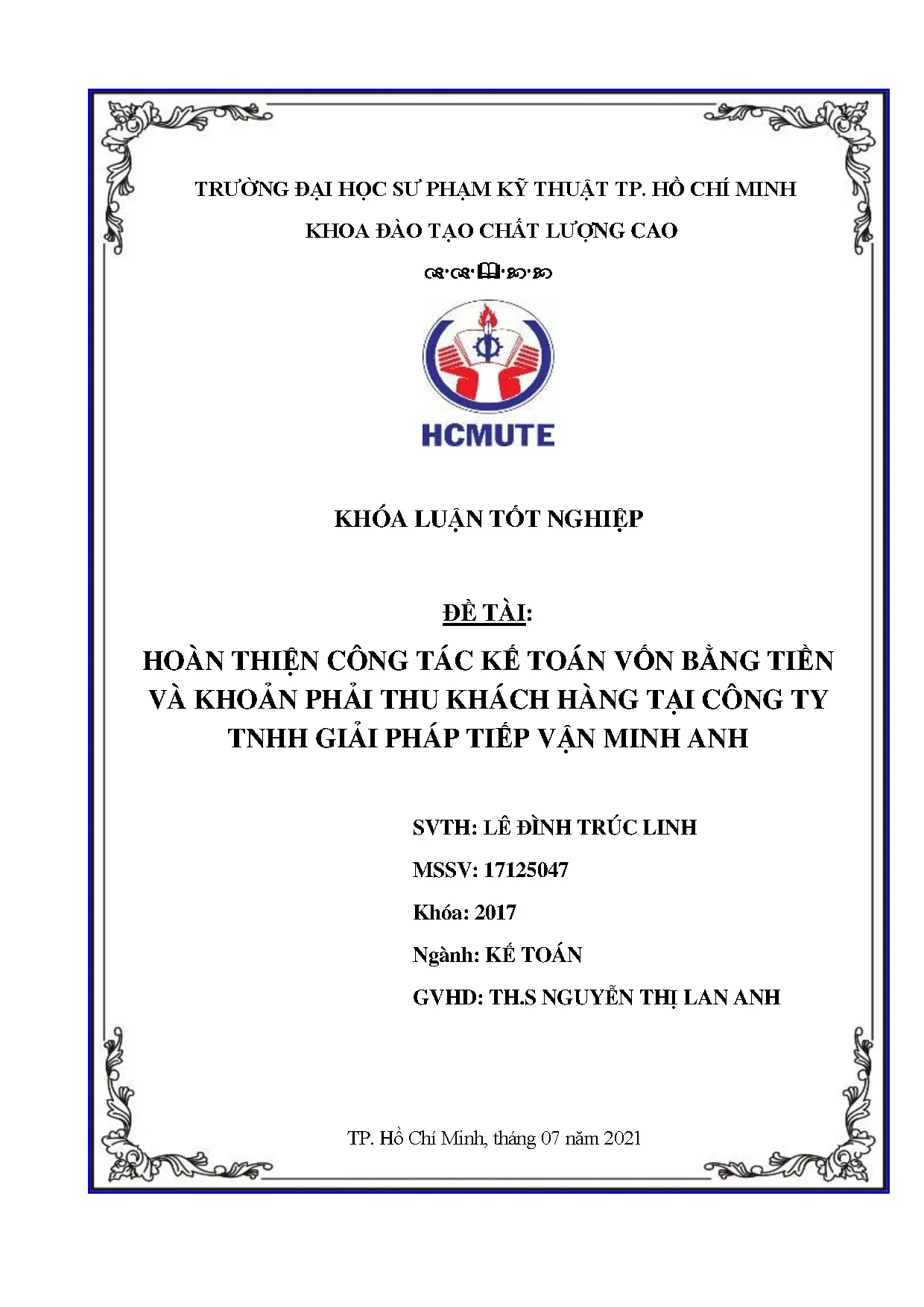 Đồ án tốt nghiệp - Hoàn thiện công tác kế toán vốn bằng tiền và khoản phải thu khách hàng TCTTGPTVMA