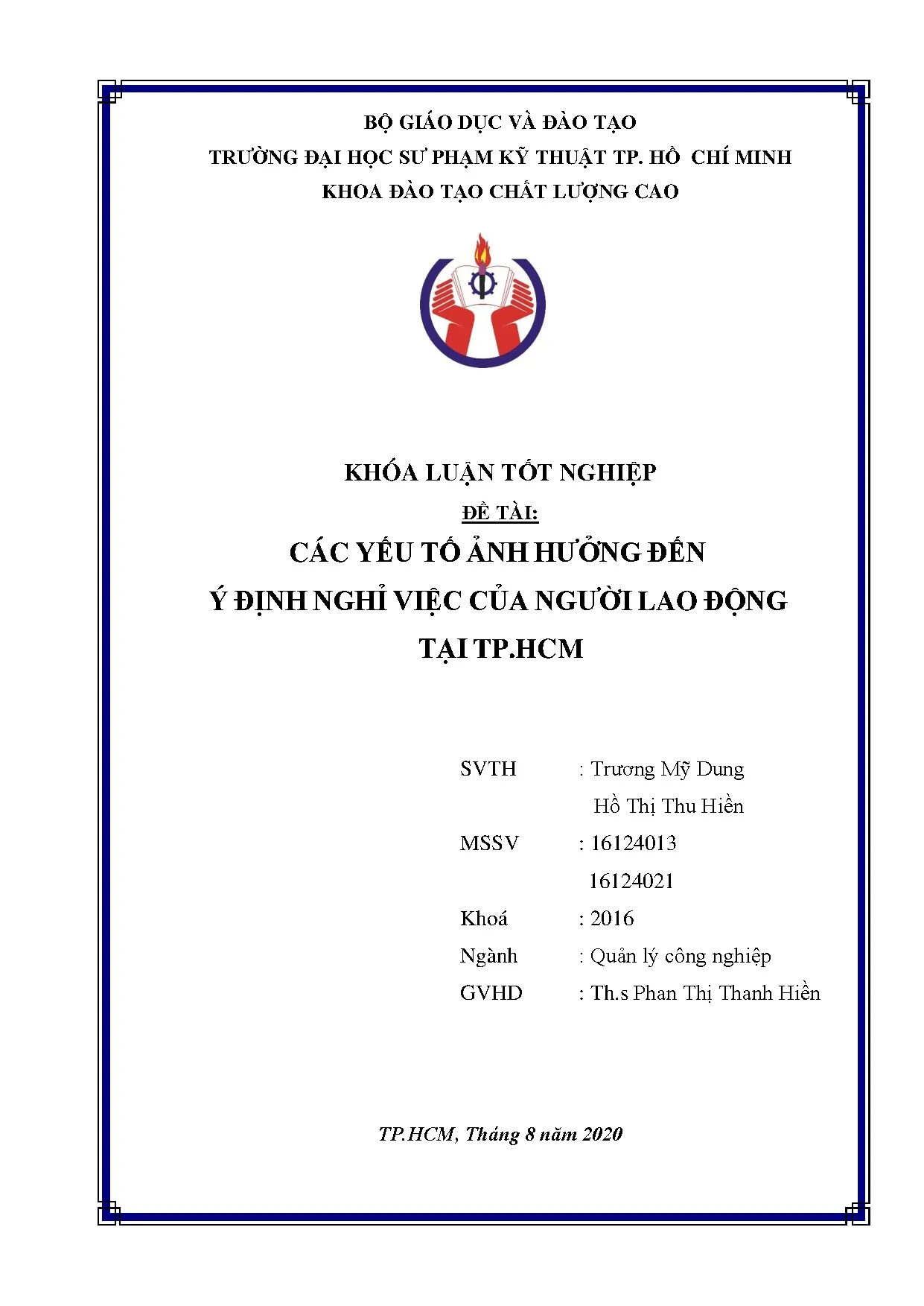 Đồ án tốt nghiệp - Các yếu tố ảnh hưởng đến ý định nghỉ việc của người lao động tại TP.HCM