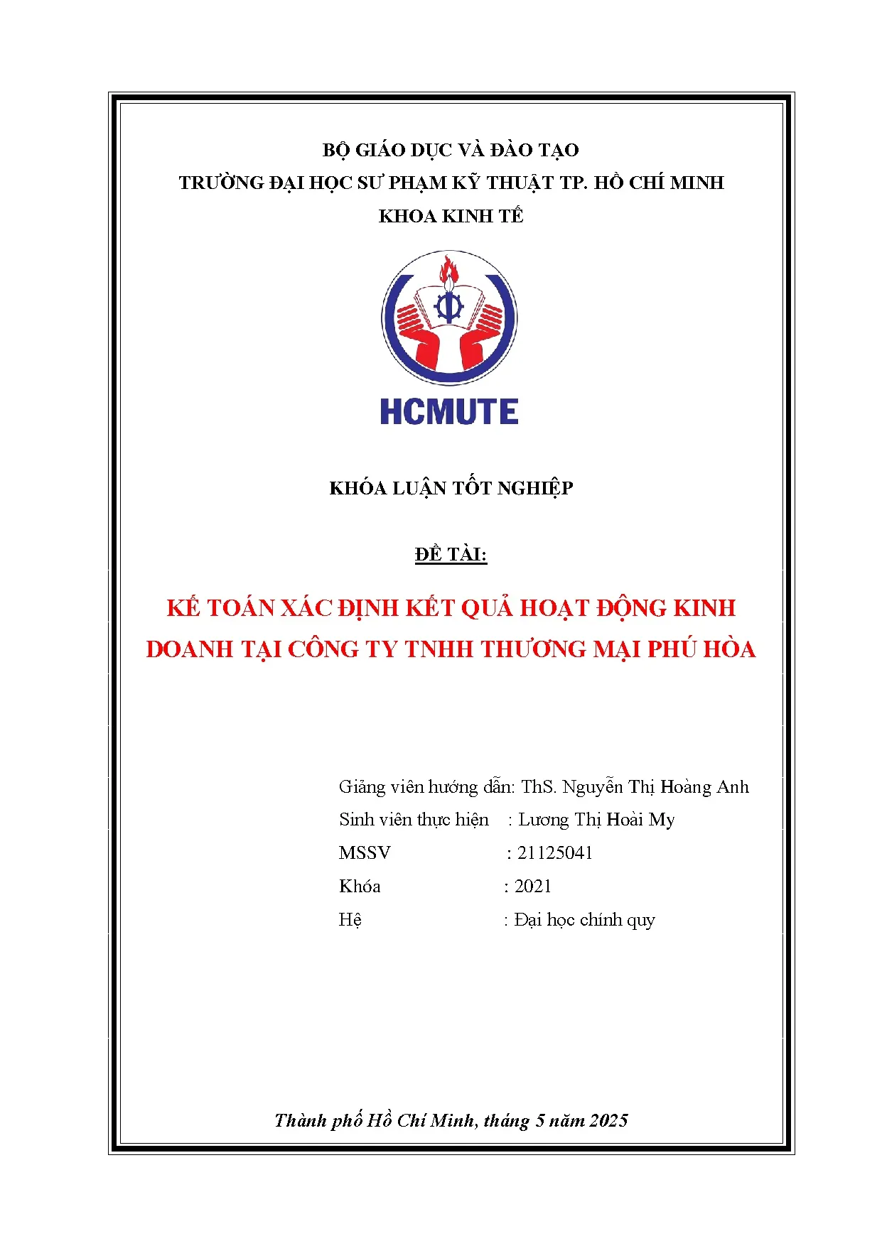 Đồ án tốt nghiệp - Kế toán xác định kết quả hoạt động kinh doanh tại công ty TNHH thương mại Phú Hòa