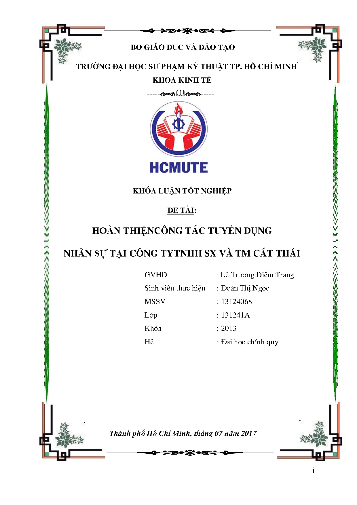 Đồ án tốt nghiệp - Hoàn thiện công tác tuyển dụng nhân sự tại Công ty TNHH SX và TM Cát Thái