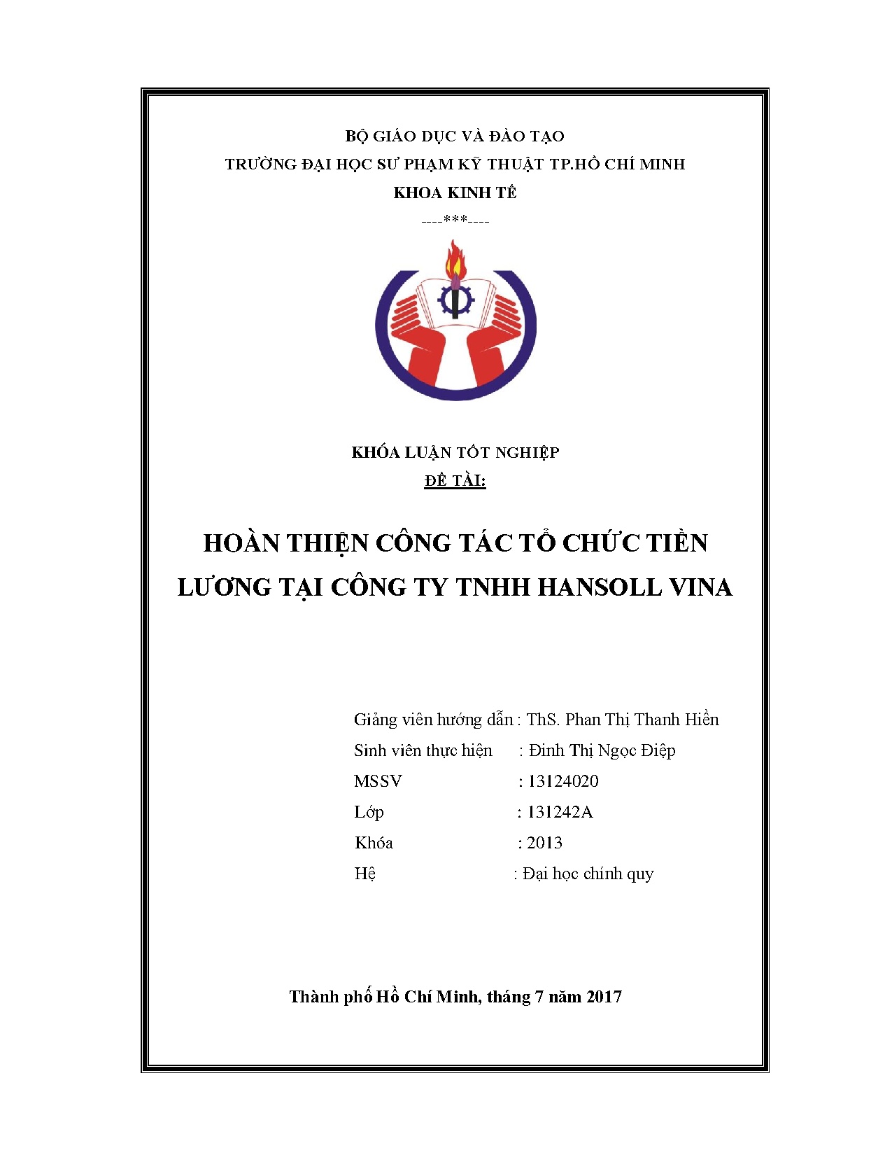 Đồ án tốt nghiệp - Hoàn thiện công tác tổ chức tiền lương tại Công ty TNHH Hansoll Vina