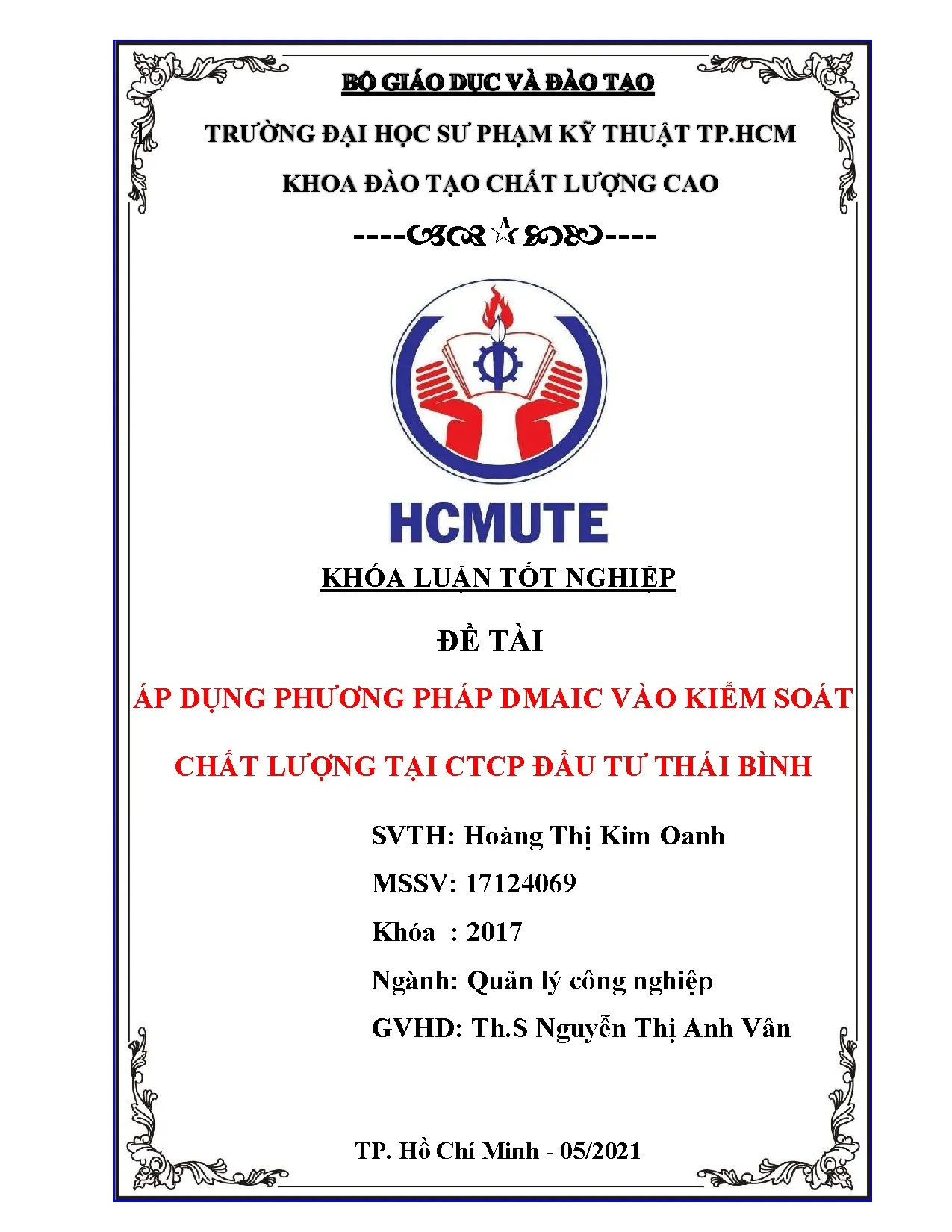 Đồ án tốt nghiệp - Áp dụng phương pháp Dmaic vào kiểm soát chất lượng tại CTCP đầu tư Thái Bình