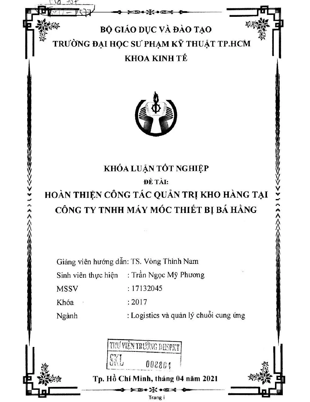 Đồ án tốt nghiệp - Hoàn thiện công tác quản trị kho hàng tại công ty TNHH Máy Móc Thiết Bị Bá Hằng