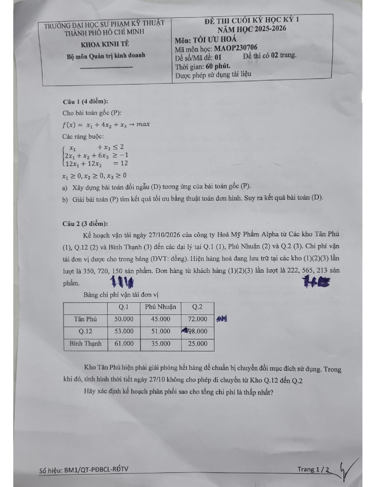Đề thi cuối kỳ tối ưu hóa 2025-2026