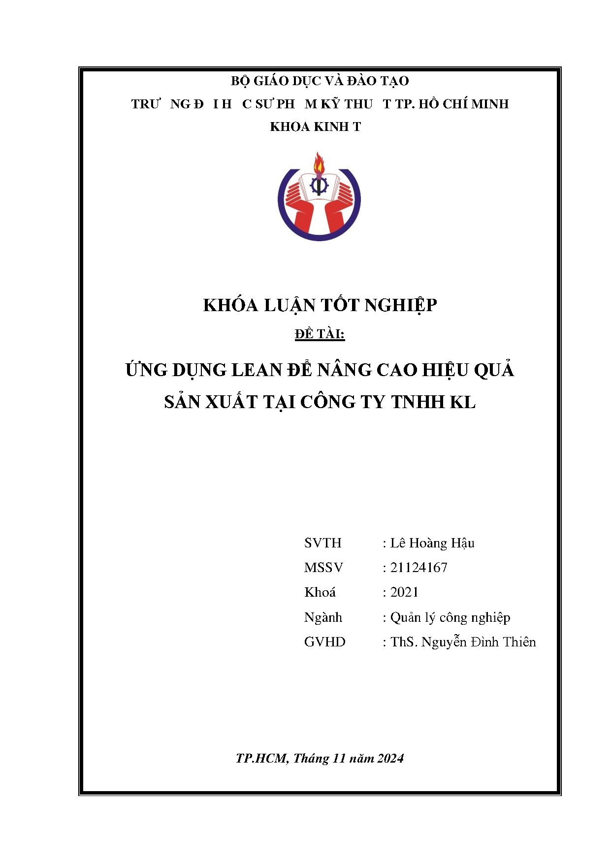 Đồ án tốt nghiệp - Ứng dụng Lean để nâng cao hiệu quả sản xuất tại công ty TNHH KL