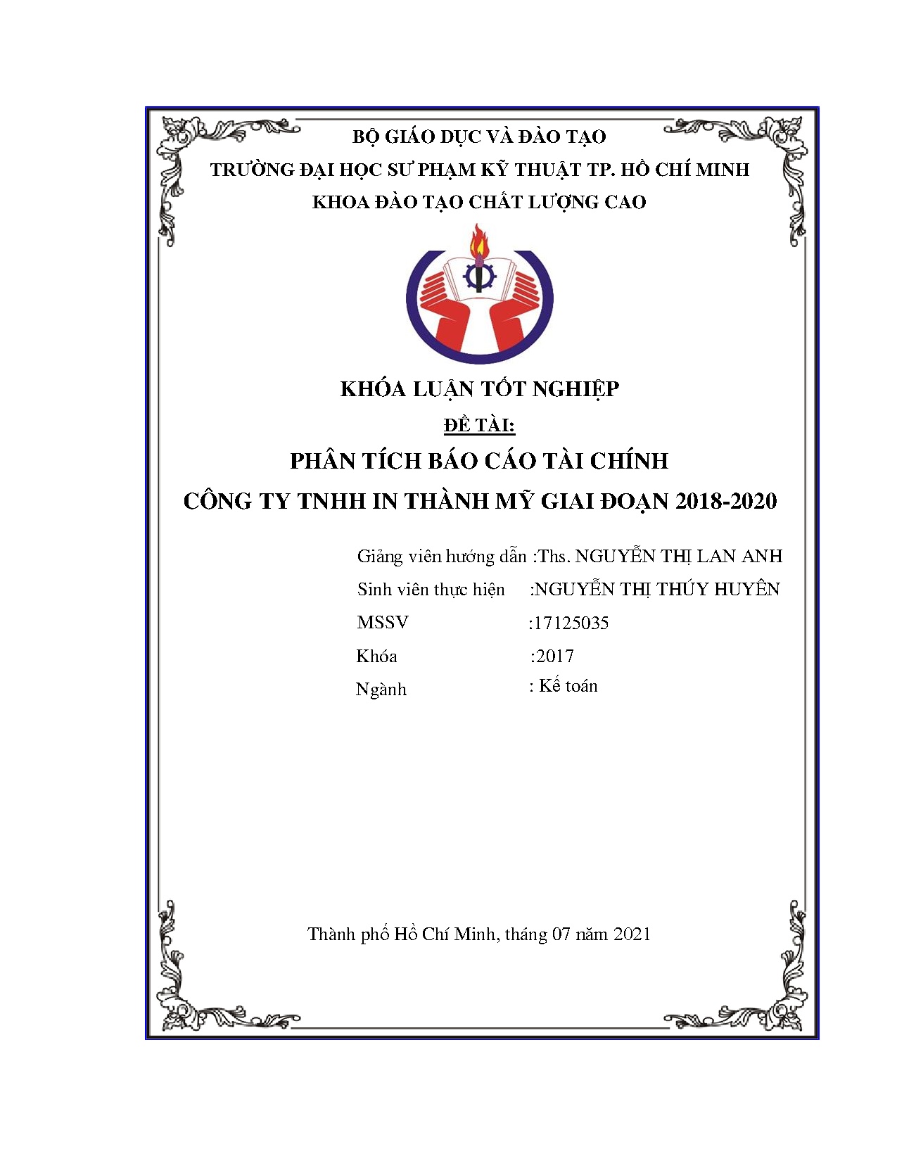 Đồ án tốt nghiệp - Phân tích báo cáo tài chính Công ty TNHH in Thành Mỹ giai đoạn 2018-2020