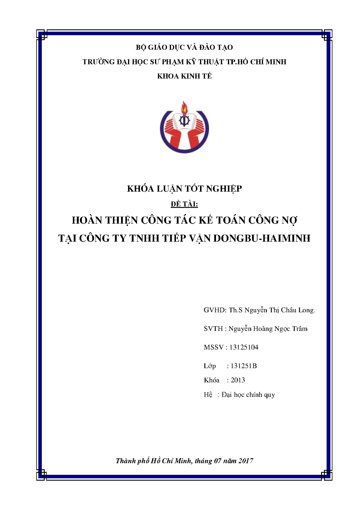 Đồ án tốt nghiệp - Hoàn thiện công tác kế toán công nợ tại Công ty TNHH Tiếp Vận Dongbu-Haiminh