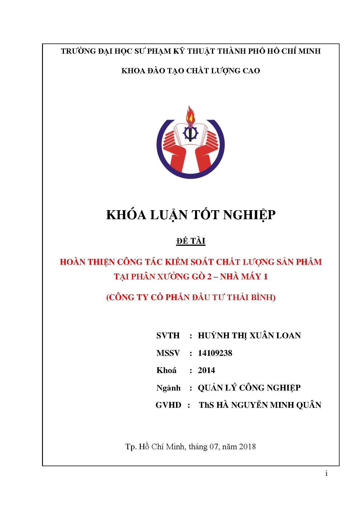 Đồ án tốt nghiệp - Hoàn thiện công tác kiểm soát chất lượng sản phẩm tại phân XG 2 - NM 1 ( TCPĐTTB