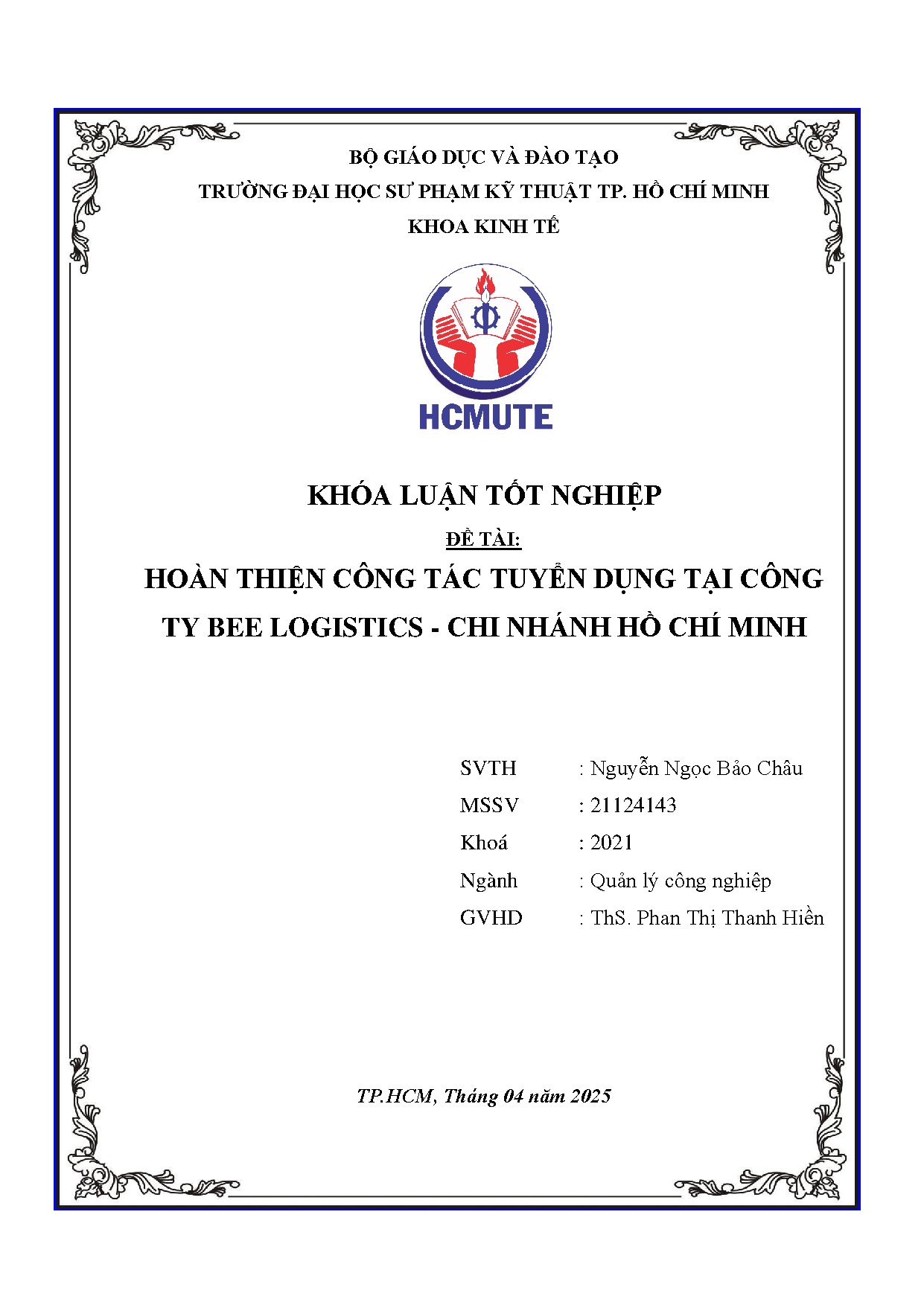 Đồ án tốt nghiệp - Hoàn thiện công tác tuyển dụng tại Công ty Bee Logistics- Chi nhánh Hồ Chí Minh