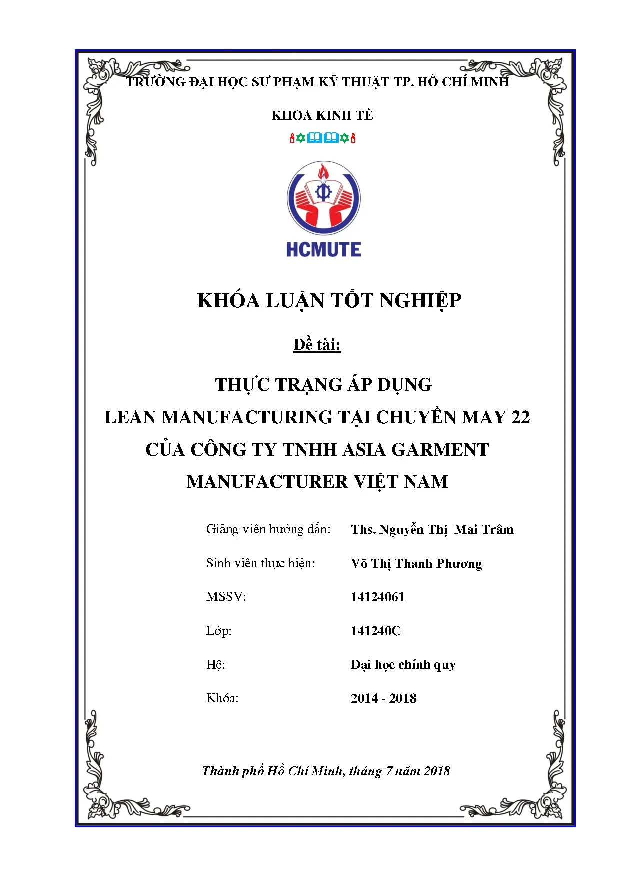 Đồ án tốt nghiệp - Thực trạng áp dụng Lean manufacturing tại chuyền may 22 của Công ty TNHH AGMVN