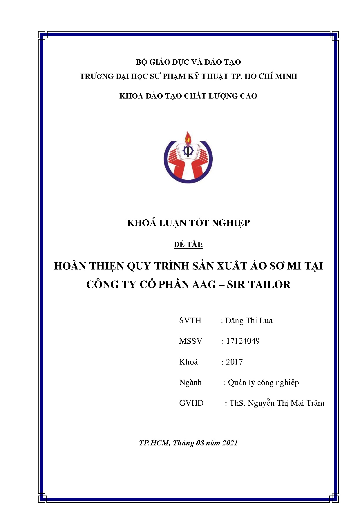 Đồ án tốt nghiệp - Hoàn thiện quy trình sản xuất áo sơ mi tại Công ty cổ phần AAG - Sir Tailor