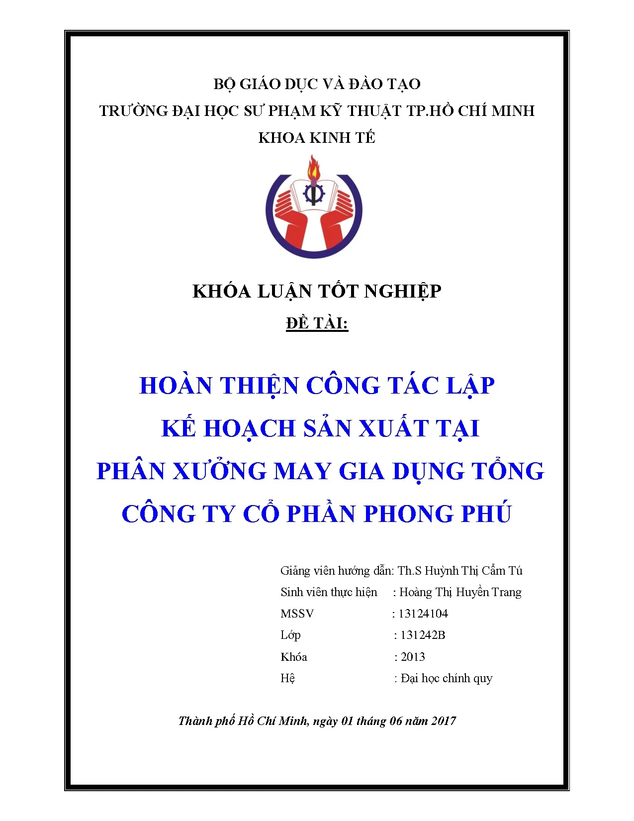 Đồ án tốt nghiệp - Hoàn thiện công tác lập kế hoạch sản xuất tại Phân xưởng may gia dụng Tổng CTCPPP