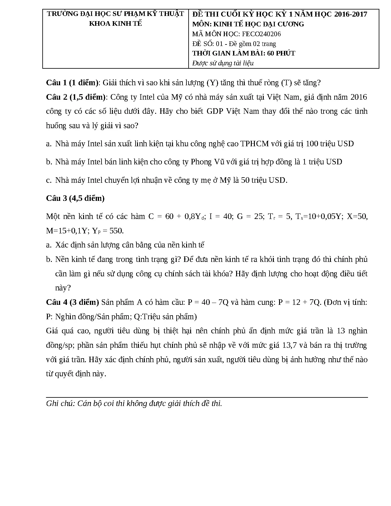 ĐỀ THI CUỐI KỲ VÀ ĐÁP ÁN KINH TẾ HỌC ĐẠI CƯƠNG HỌC KỲ 1 NĂM HỌC 2016-2017