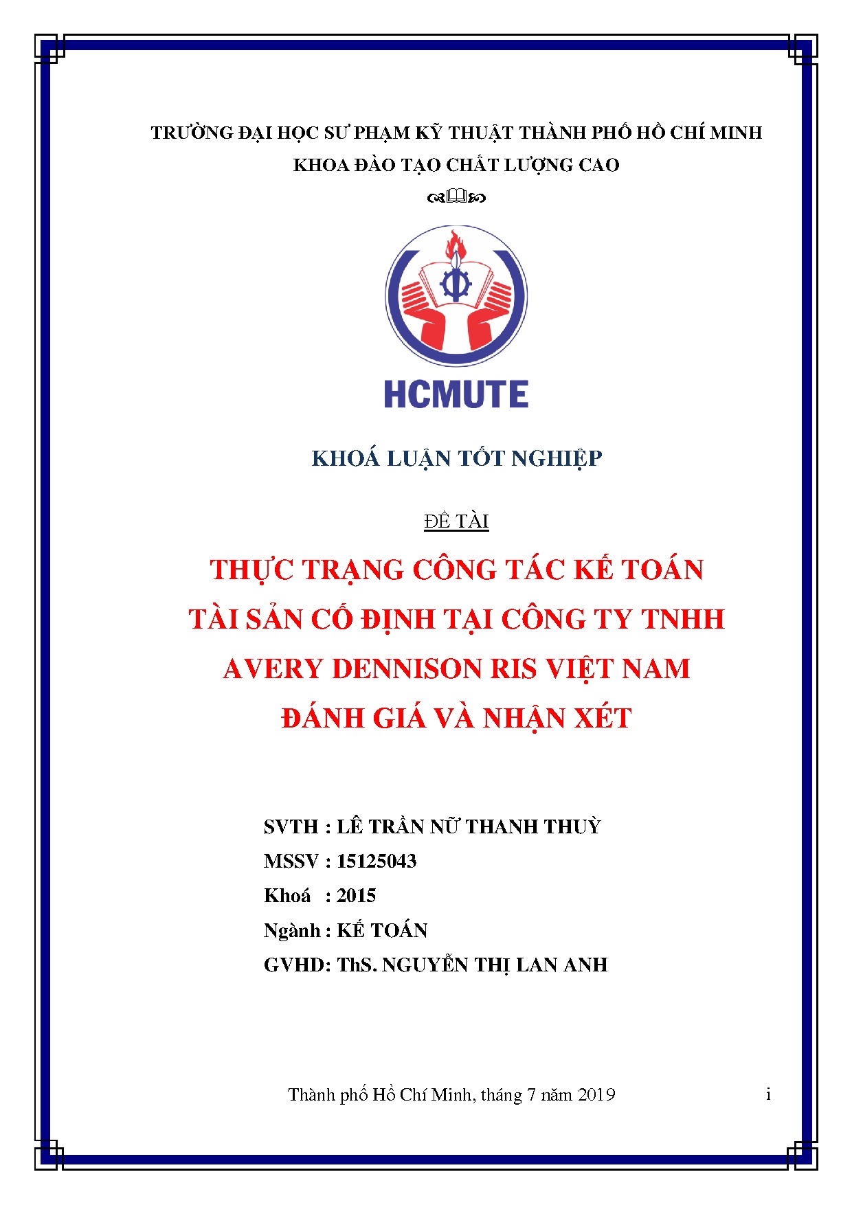 Đồ án tốt nghiệp - Thực trạng công tác kế toán tài sản cố định tại công ty TNHH Avery DRVNĐGVNX