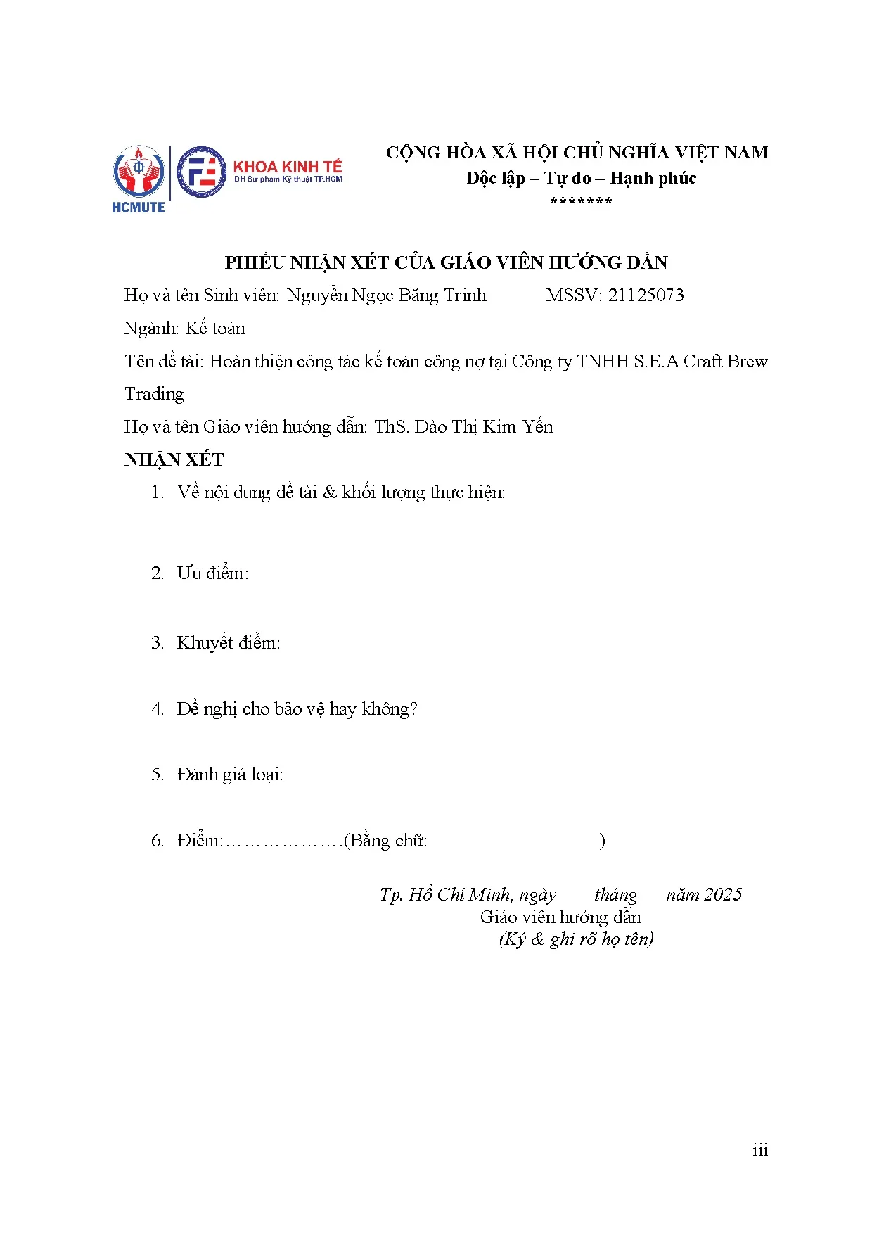 Đồ án tốt nghiệp - Hoàn thiện công tác kế toán công nợ tại Công ty TNHH S.E.A Craft Brew Trading - Trang 3