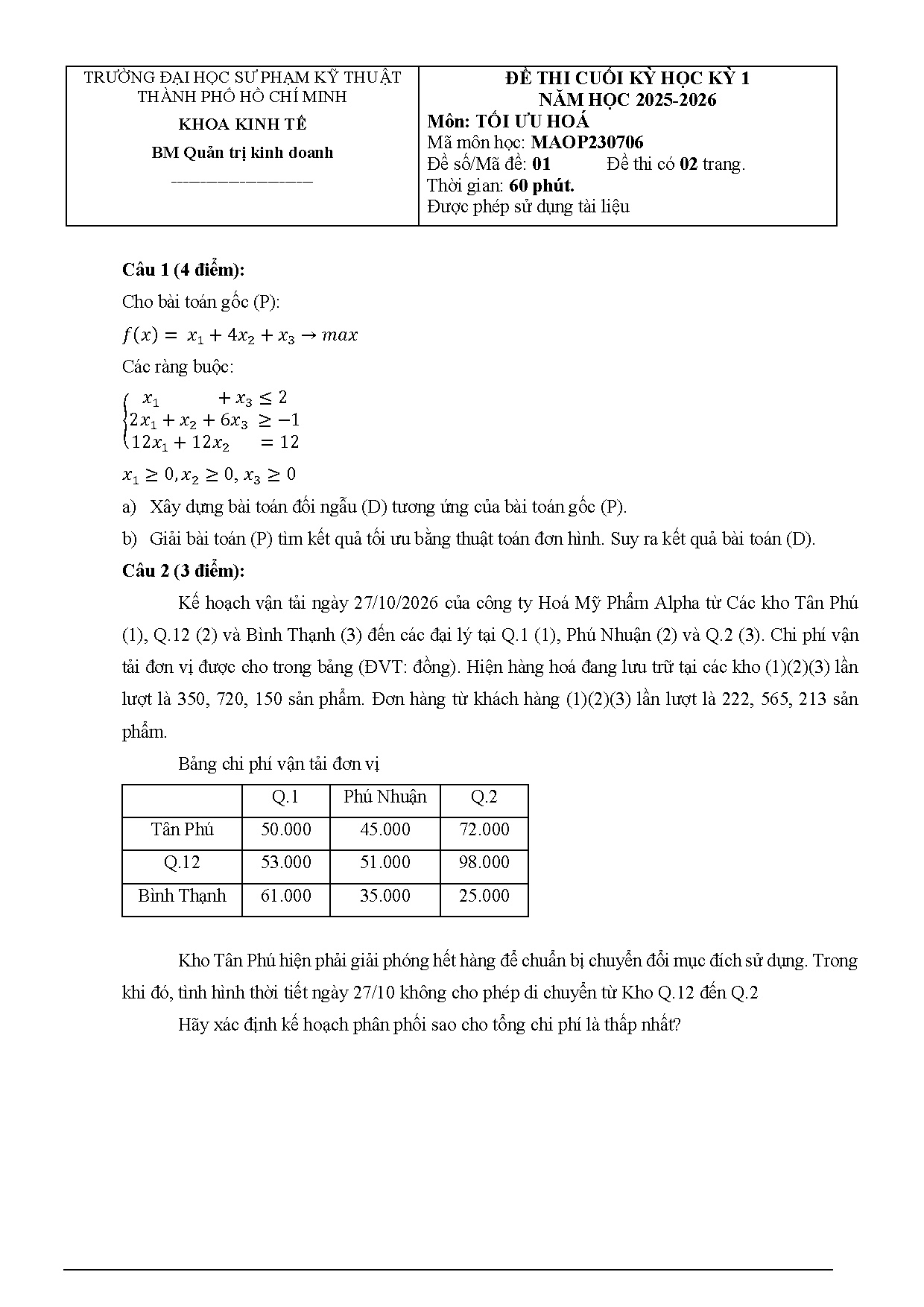 Đề thi + đáp án cuối kỳ Tối ưu hóa 2025-2026