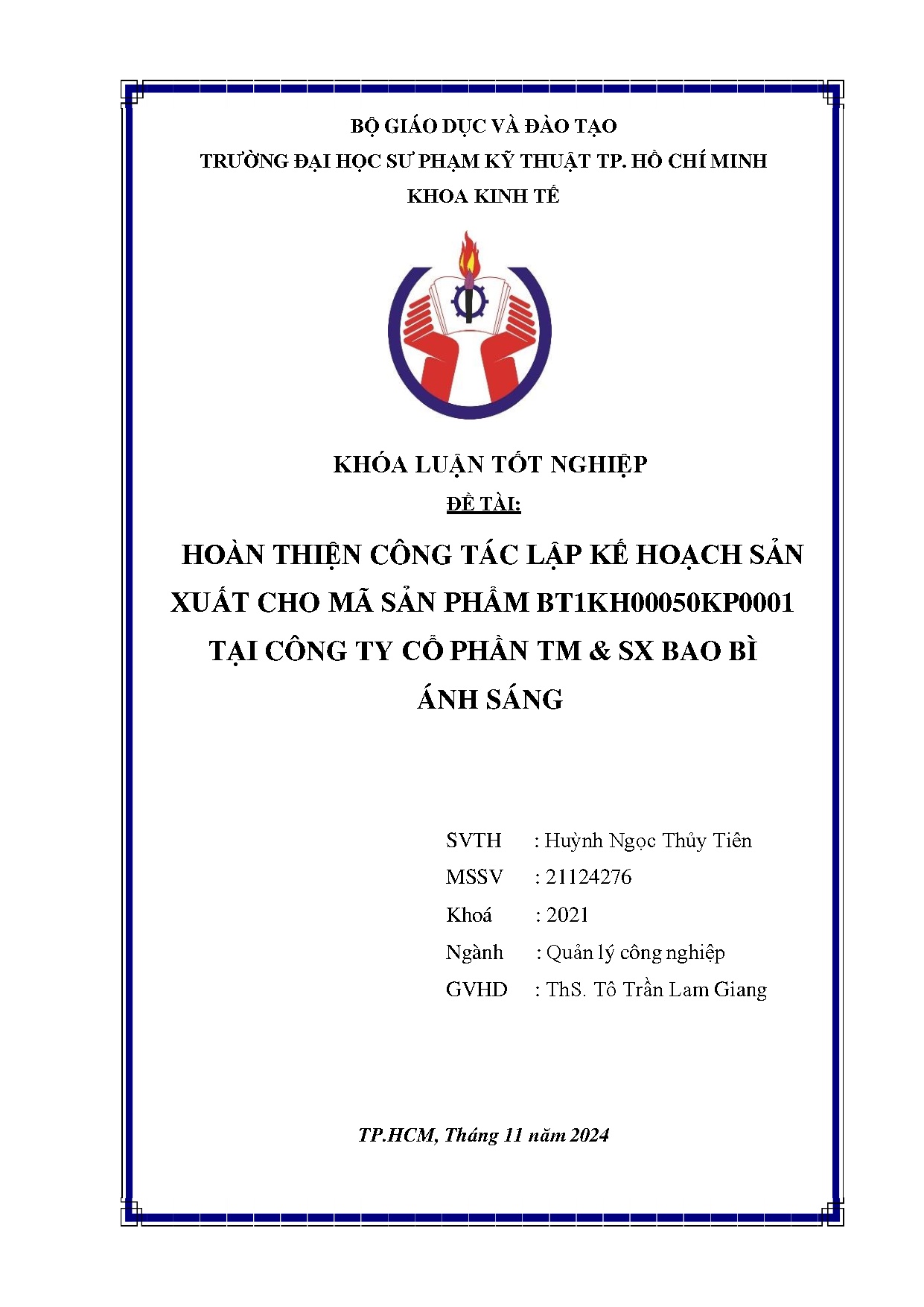Đồ án tốt nghiệp - Hoàn thiện công tác lập kế hoạch sản xuất cho mã sản phẩm BTCTCPT &amp; SBBÁS