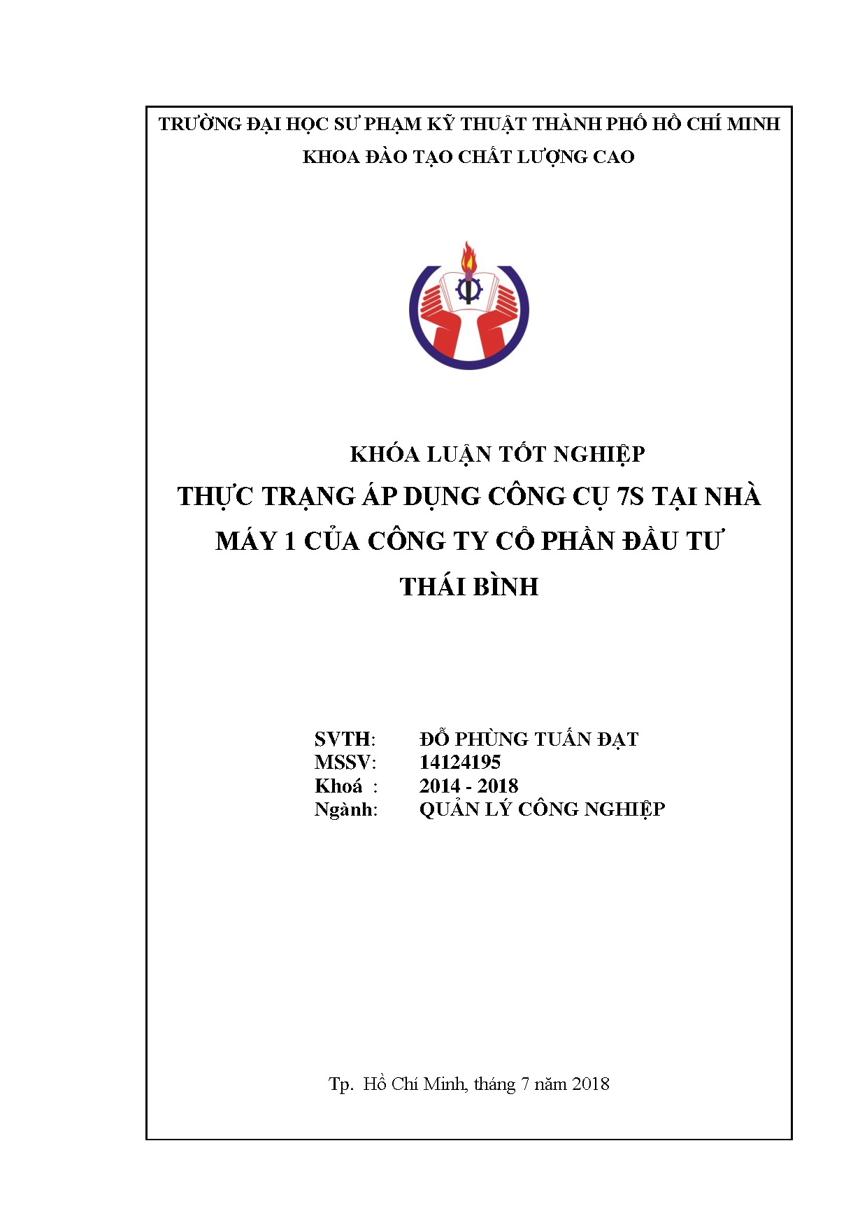 Đồ án tốt nghiệp - Thực trạng áp dụng công cụ 7S tại nhà máy 1 của Công ty Cổ phần đầu tư Thái Bình