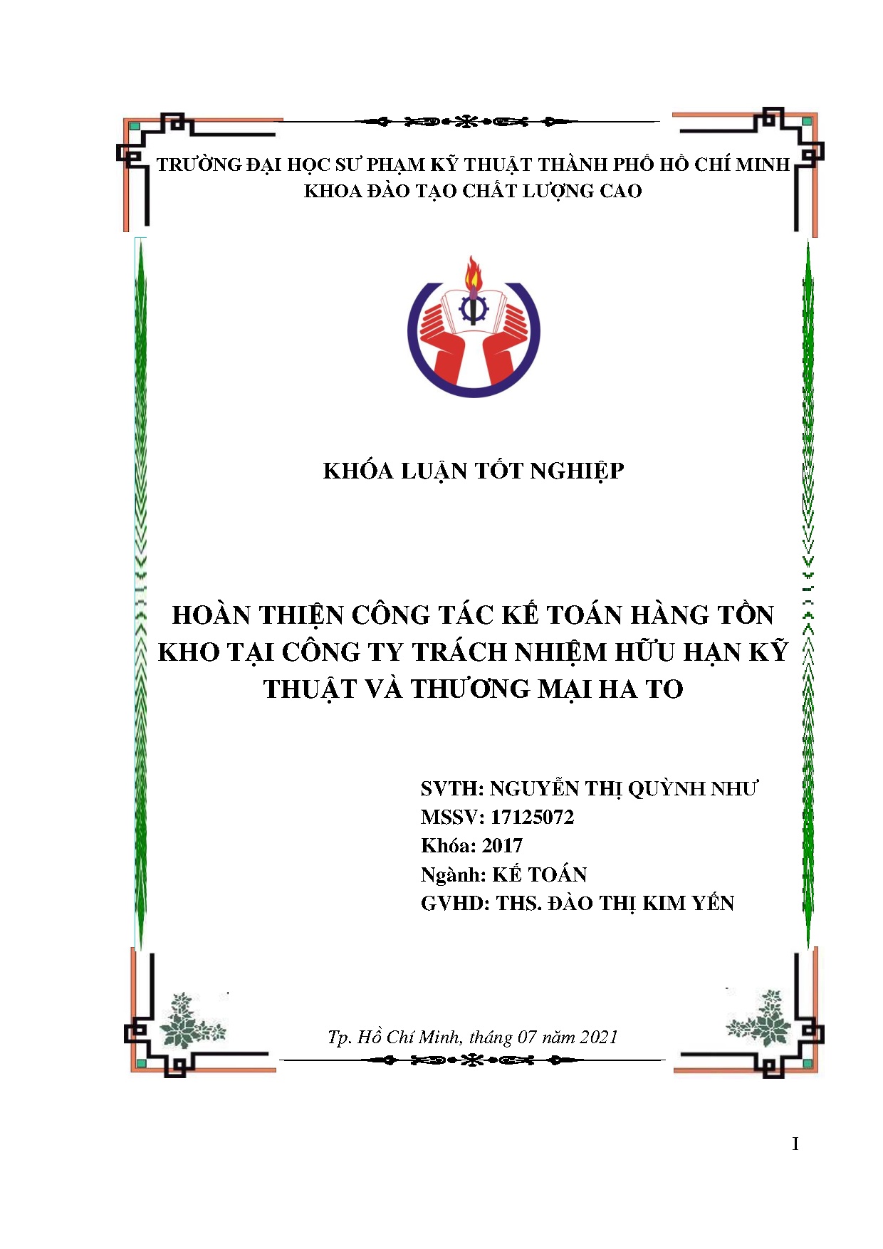 Đồ án tốt nghiệp - Hoàn thiện kế toán hàng tồn kho tại Công ty trách nhiệm hữu hạn Kỹ thuật và TMHT