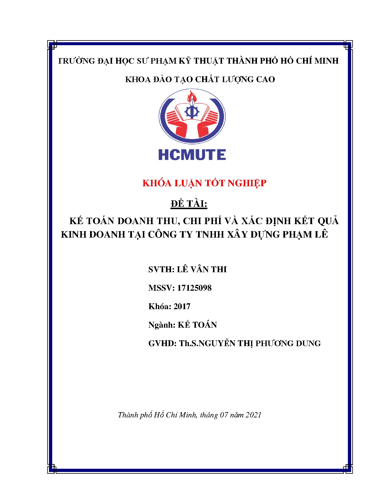 Đồ án tốt nghiệp - Kế toán doanh thu, chi phí và xác định kết quả kinh doanh tại Công ty TNHH XDPL