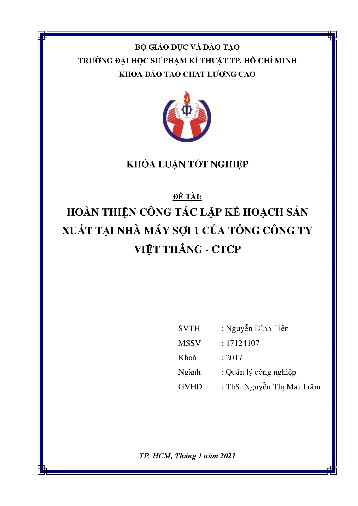 Đồ án tốt nghiệp - Hoàn thiện công tác lập kế hoạch sản xuất tại Nhà máy sợi 1 của Tổng Công TVT - C