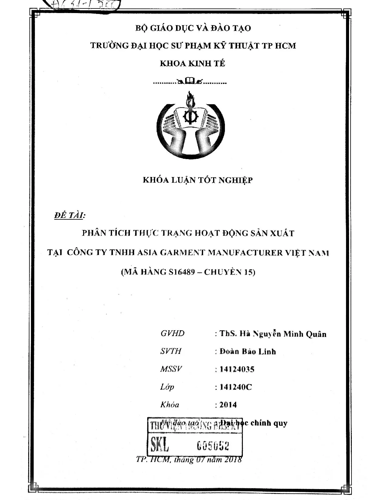 Đồ án tốt nghiệp - Phân tích thực trạng hoạt động sản xuất tại Công ty TNHH Asia GMVN ( HS - C 1