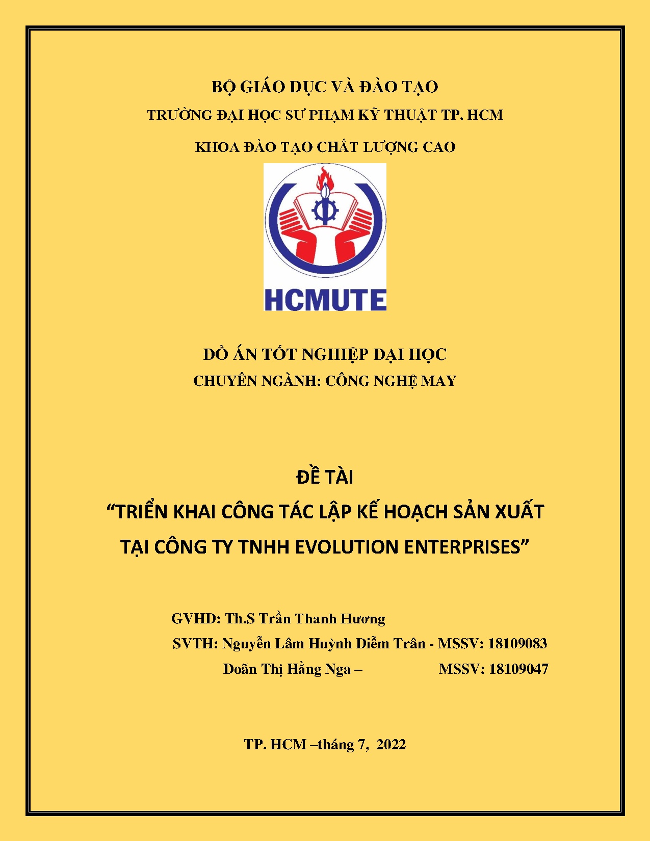 Đồ án tốt nghiệp - Triển khai công tác lập kế hoạch sản xuất tại công ty TNHH Evolution Enterprises