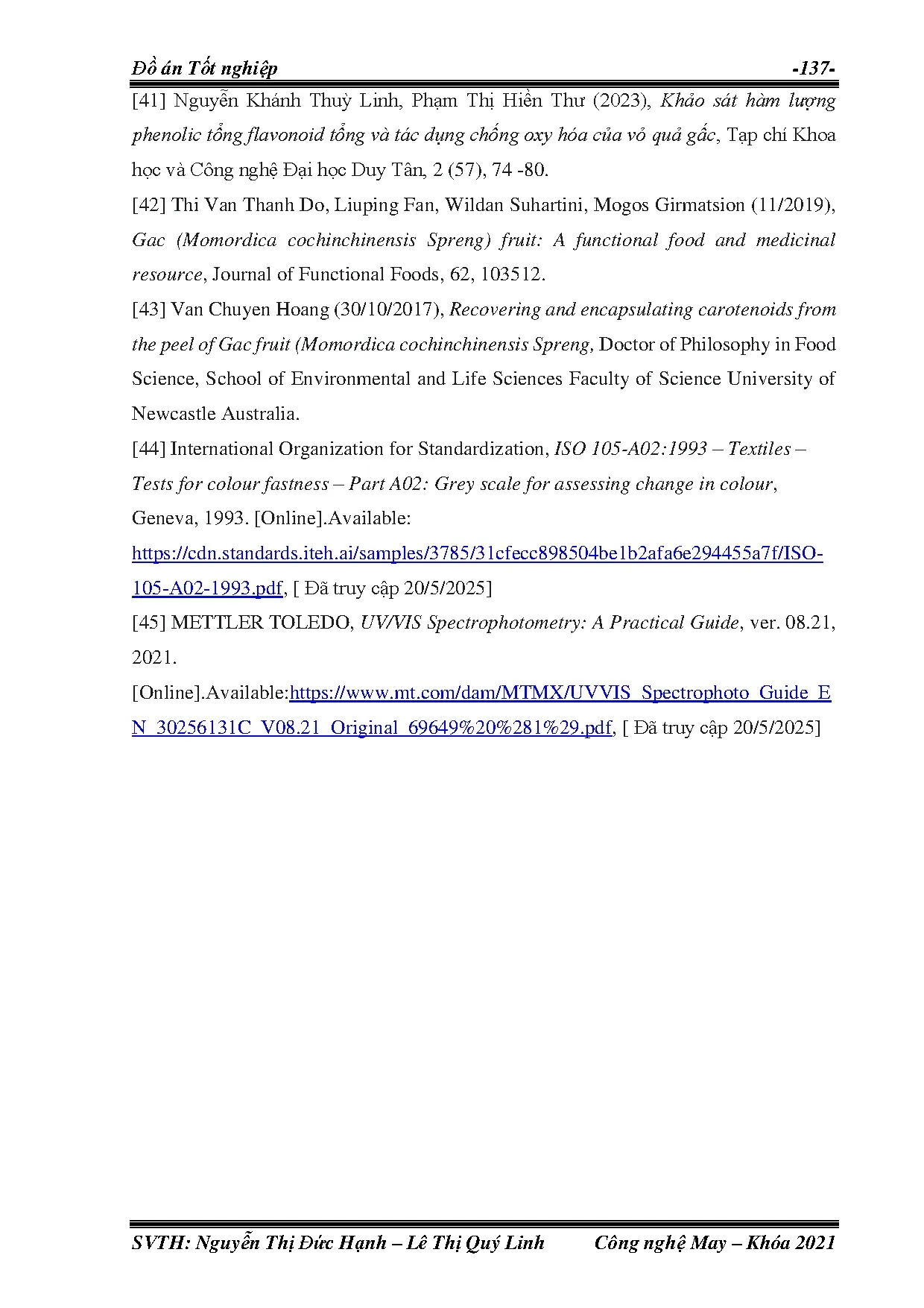 Đồ án tốt nghiệp - Xây dựng quy trình nhuộm tận trích trên vải bông bằng dịch chiết từ quả gấc - Trang 162