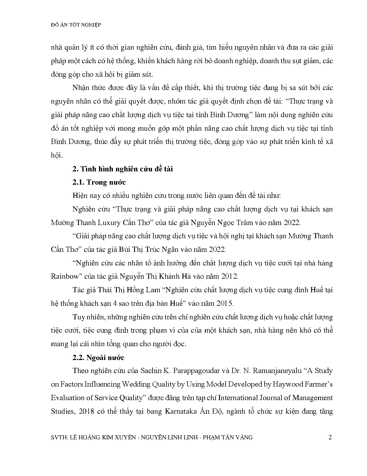 Đồ án tốt nghiệp - Thực trạng và giải pháp nâng cao chất lượng dịch vụ tiệc tại tỉnh Bình Dương - Trang 23