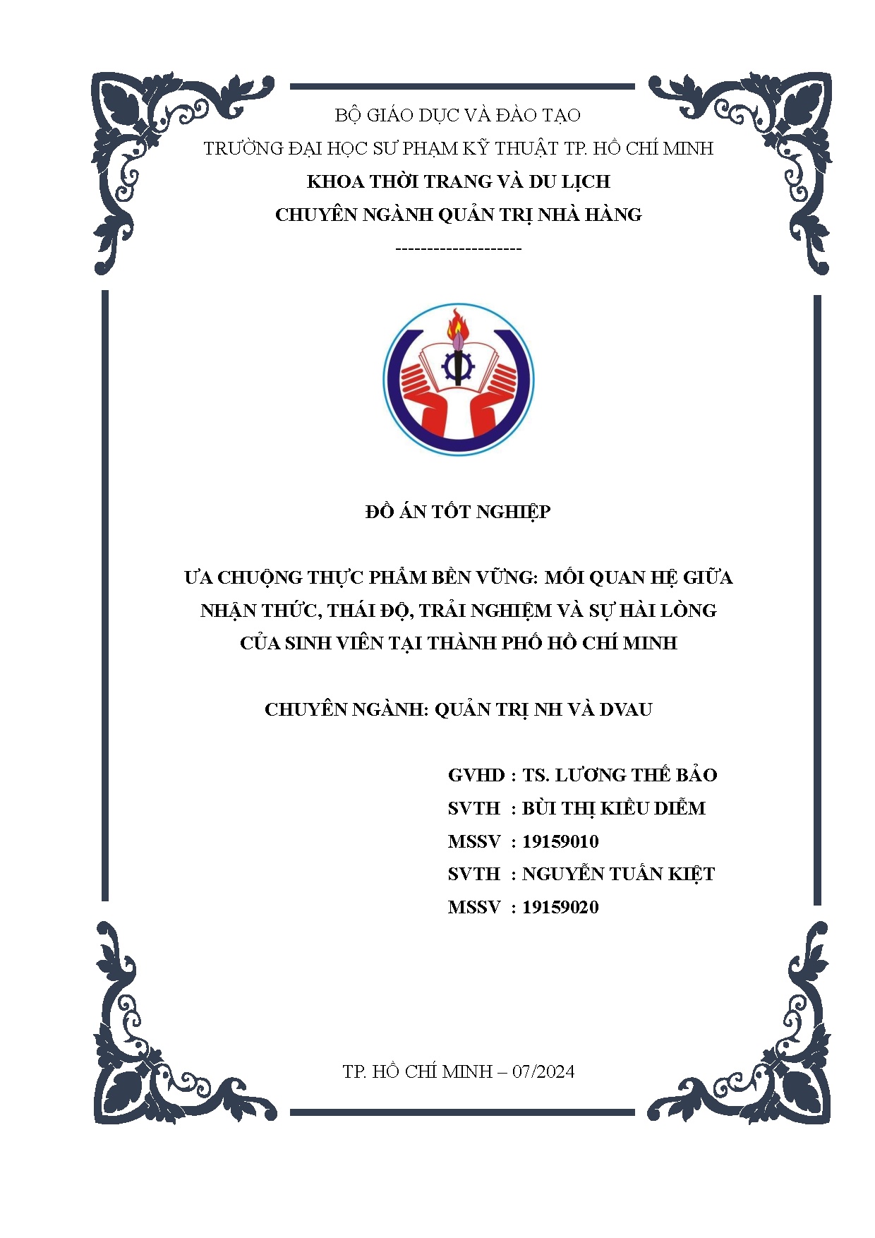 Đồ án tốt nghiệp - Ưu chuộng thực phẩm bền vững: mối quan hệ giữa nhận thức, thái ĐTNVSHLCSVTTPHCM