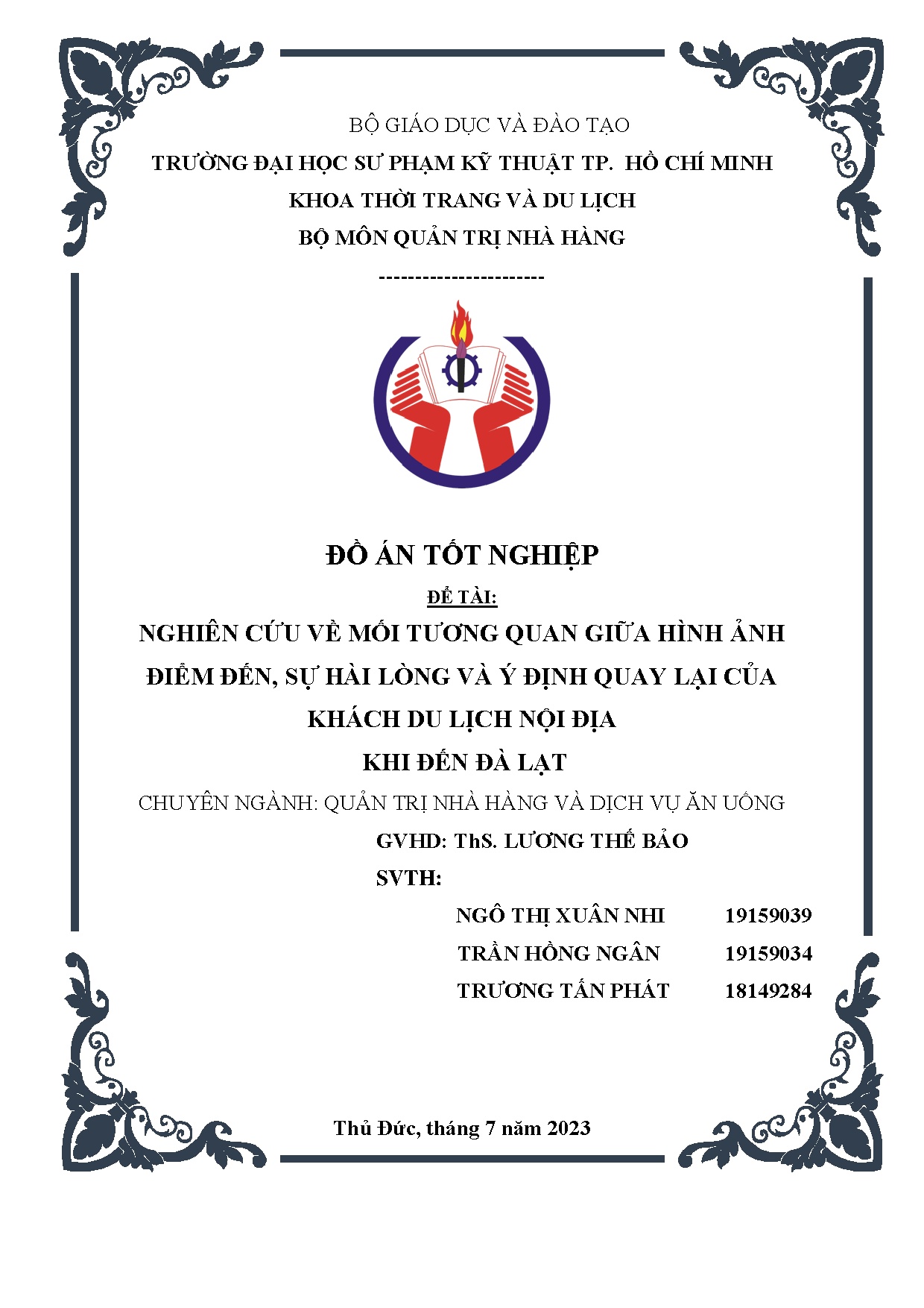 Đồ án tốt nghiệp - Nghiên cứu về mối tương quan giữa hình ảnh Điểm đến, sự hài LV ý ĐQLCKDLNĐKĐĐL