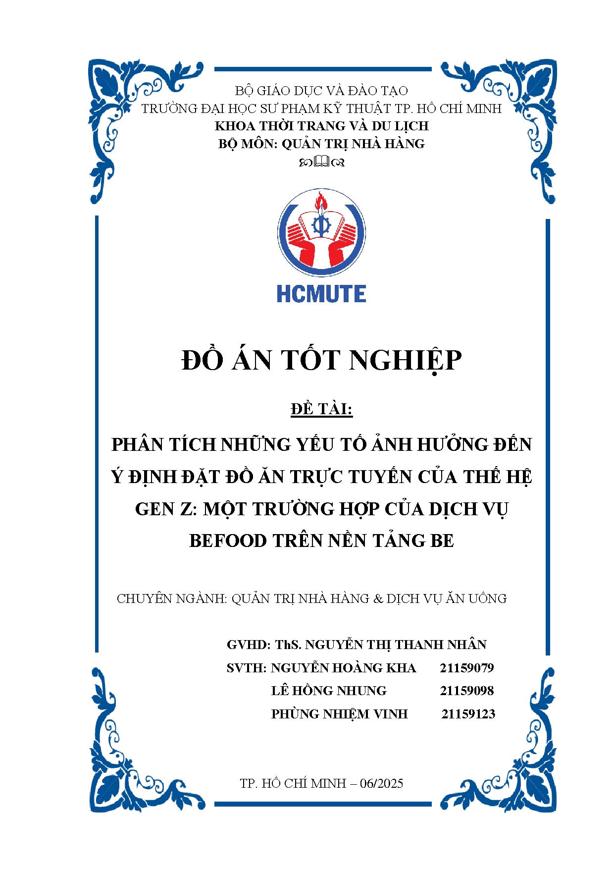 Đồ án tốt nghiệp - Phân tích những yếu tố ảnh hưởng đến ý đinh đặt đồ ăn trực tuyến của thế hệ gen Z