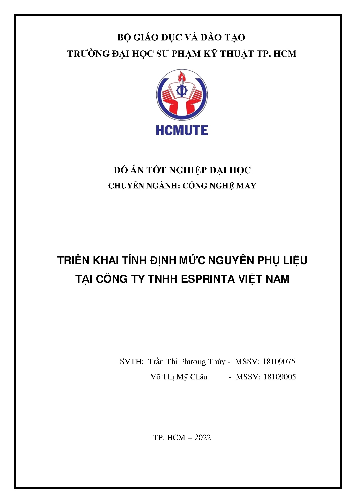 Đồ án tốt nghiệp - Triển khai tính định mức nguyên phụ liệu tại Công ty TNHH Esprinta Việt NĐÁTNNCNM