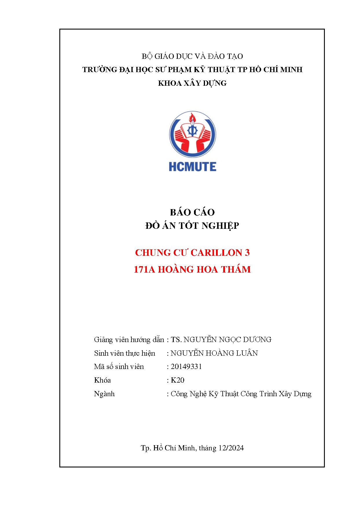Đồ án tốt nghiệp - Chung cư Carillon 3 - 171A Hoàng Hoa Thám